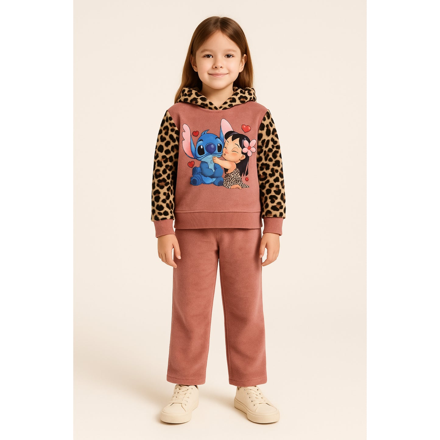 Meisjes set met Lilo & Stitch print – roze ribstof met luipaard mouwen