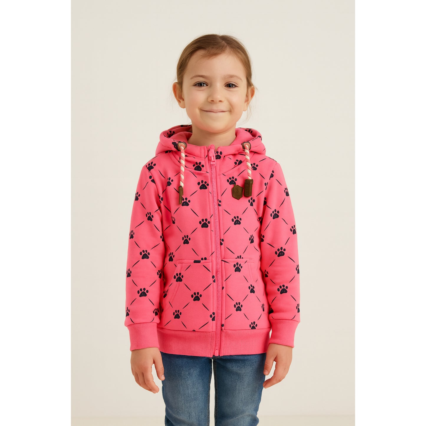 Meisjes hoodie roze met pootafdrukken – comfortabele kinderkleding met rits