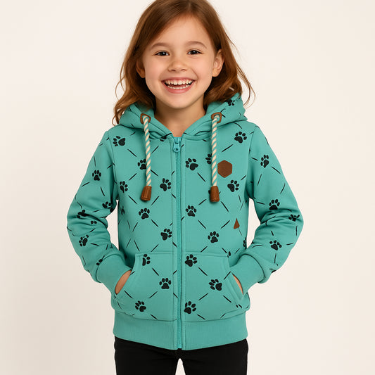 Meisjes hoodie groen met pootafdruk print – comfortabele rits hoodie met capuchon