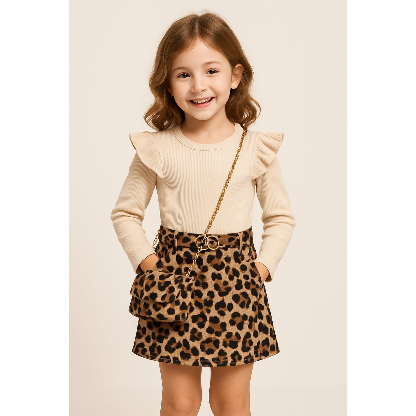 Meisjes set beige top met ruches en luipaard rok – stijlvol en trendy