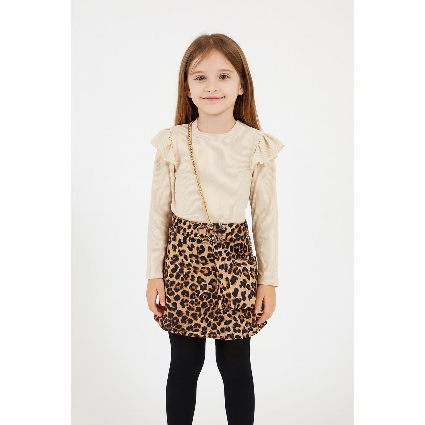 Meisjes set beige top met ruches en luipaard rok – stijlvol en trendy