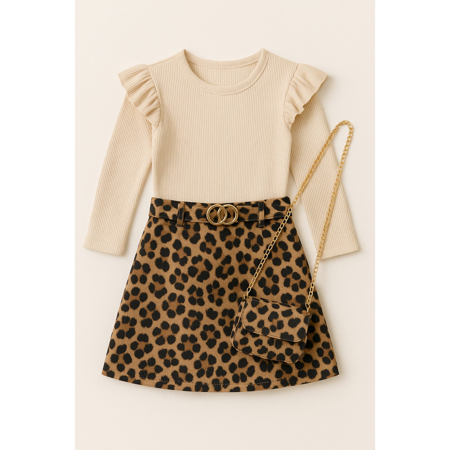 Meisjes set beige top met ruches en luipaard rok – stijlvol en trendy