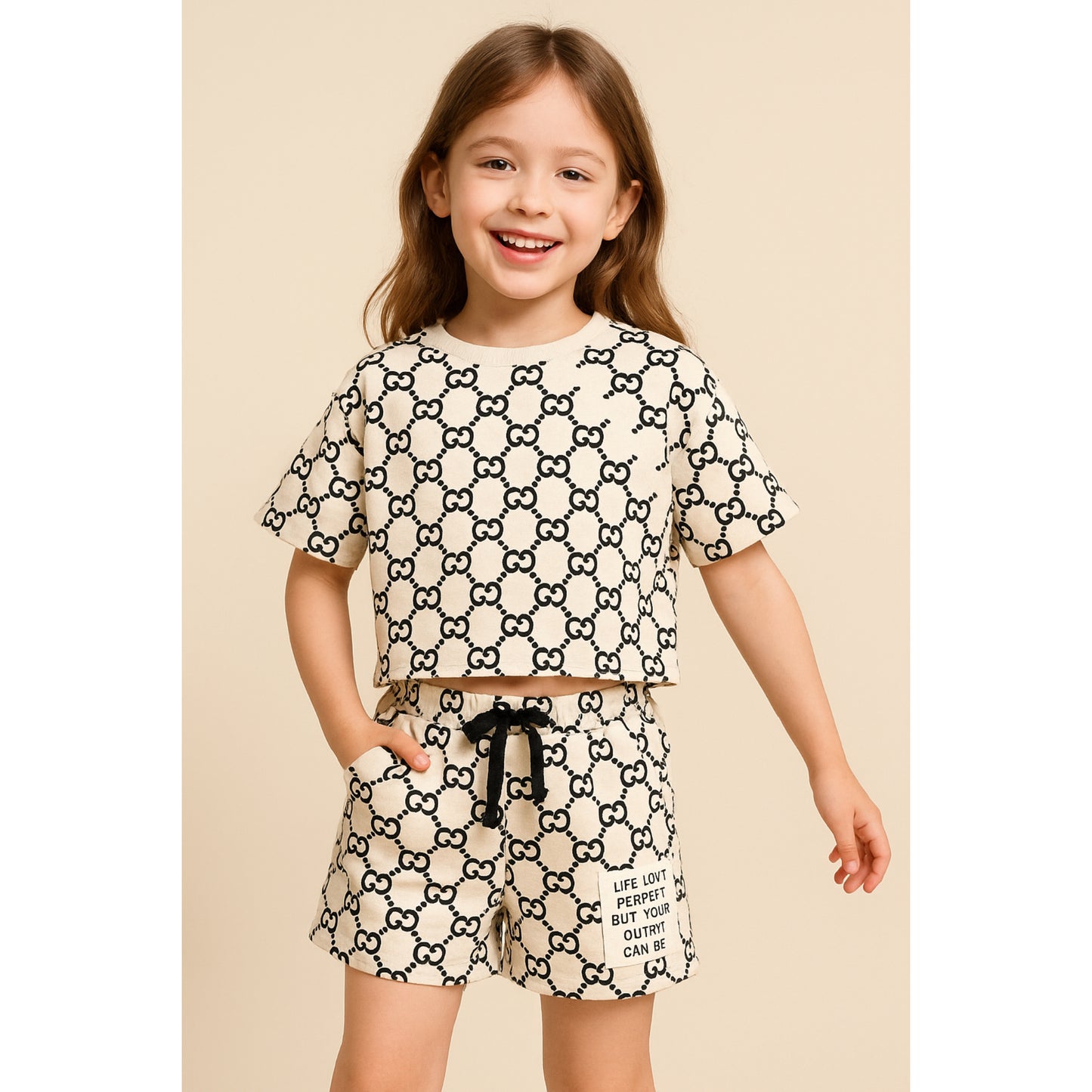 Roze Meisjes Set met Zwarte All-Over Print en Shorts