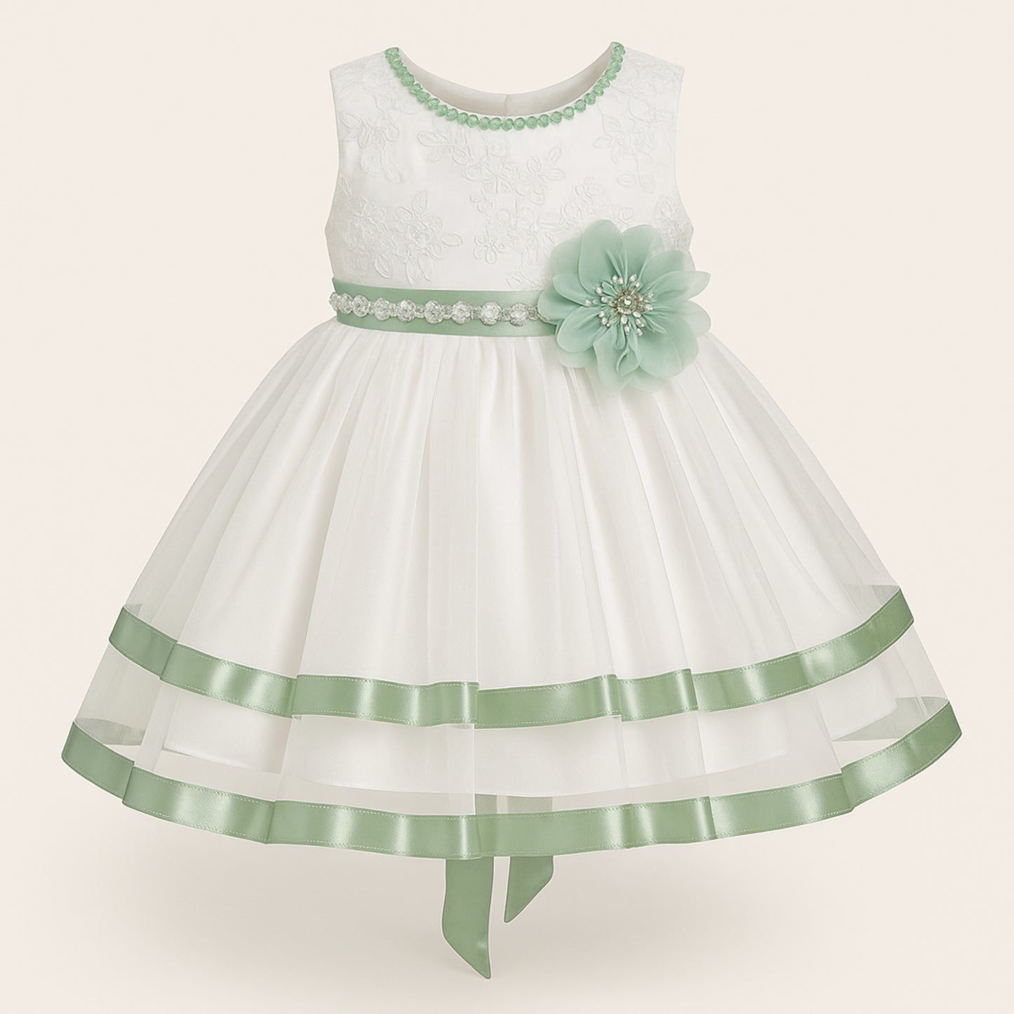 Witte feestjurk voor meisjes met roze satijnen details en bloemaccent