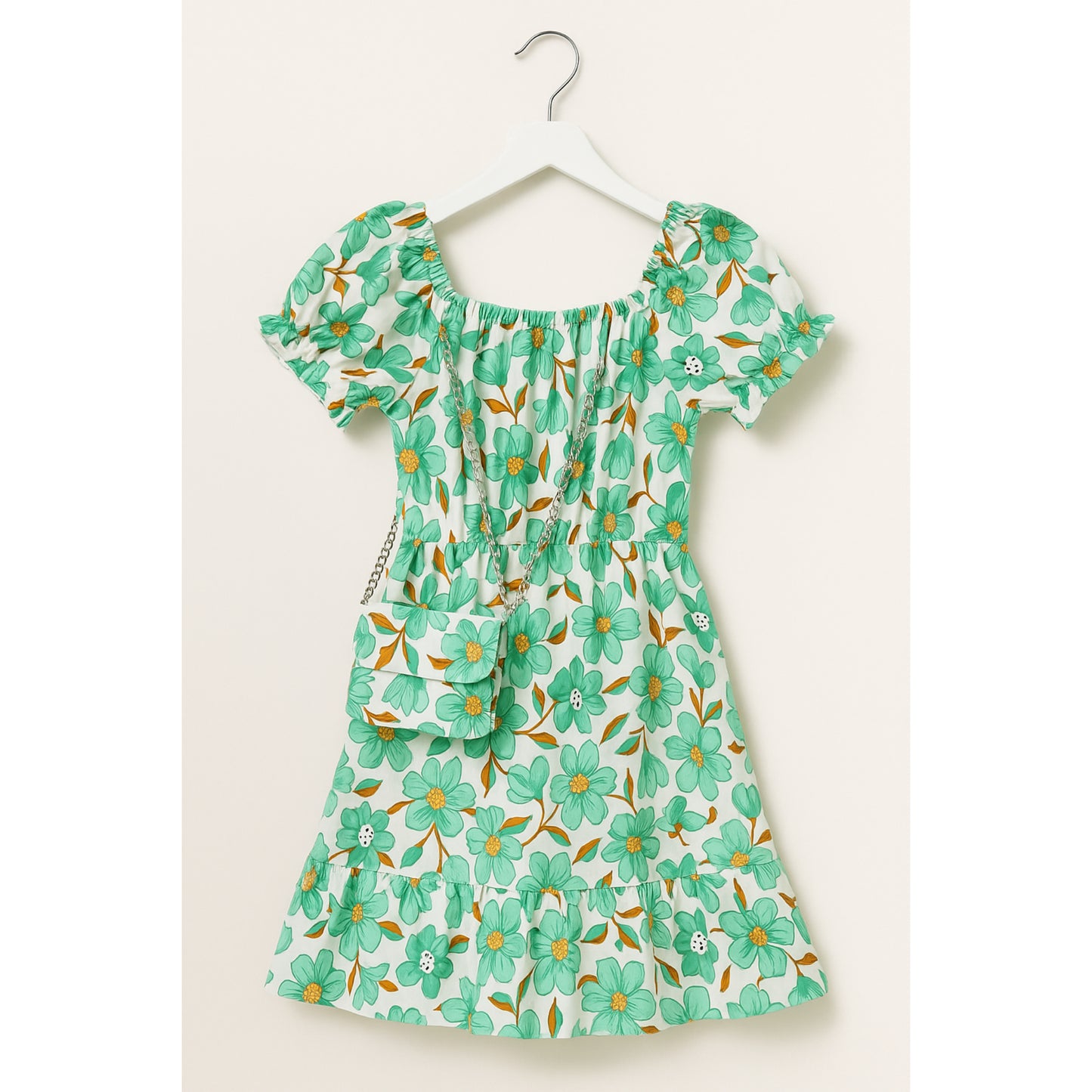 Meisjes zomerjurk met groene bloemenprint – katoenen jurk met tasje