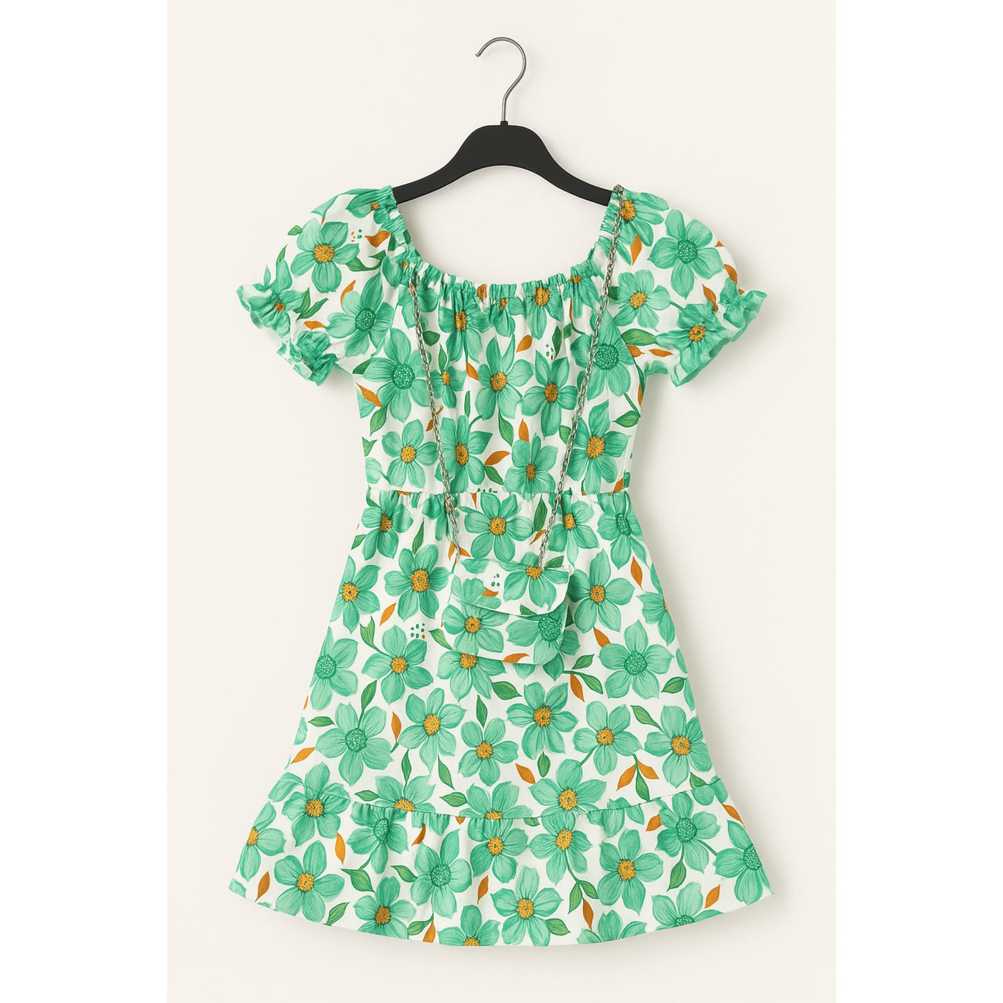 Meisjes zomerjurk met groene bloemenprint – katoenen jurk met tasje