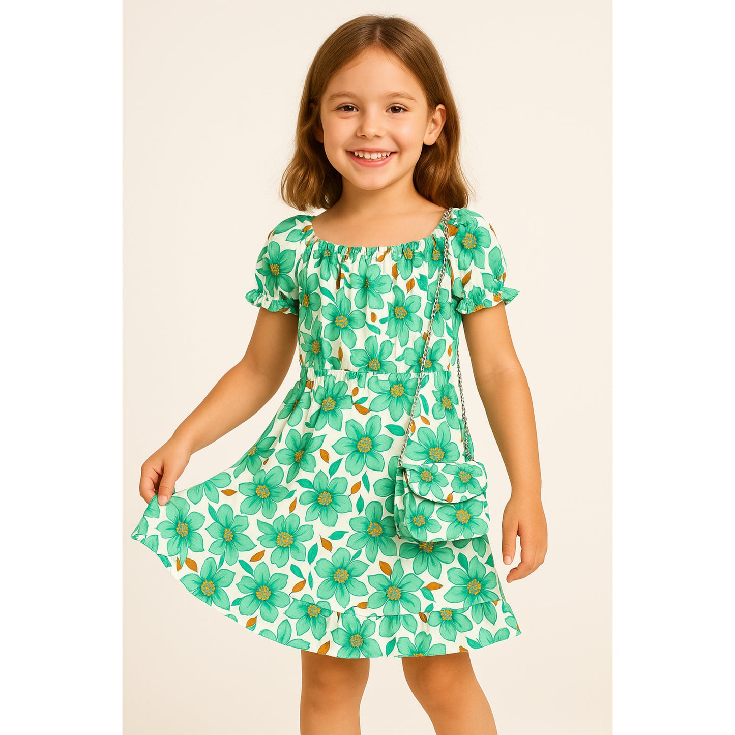 Meisjes zomerjurk met groene bloemenprint – katoenen jurk met tasje