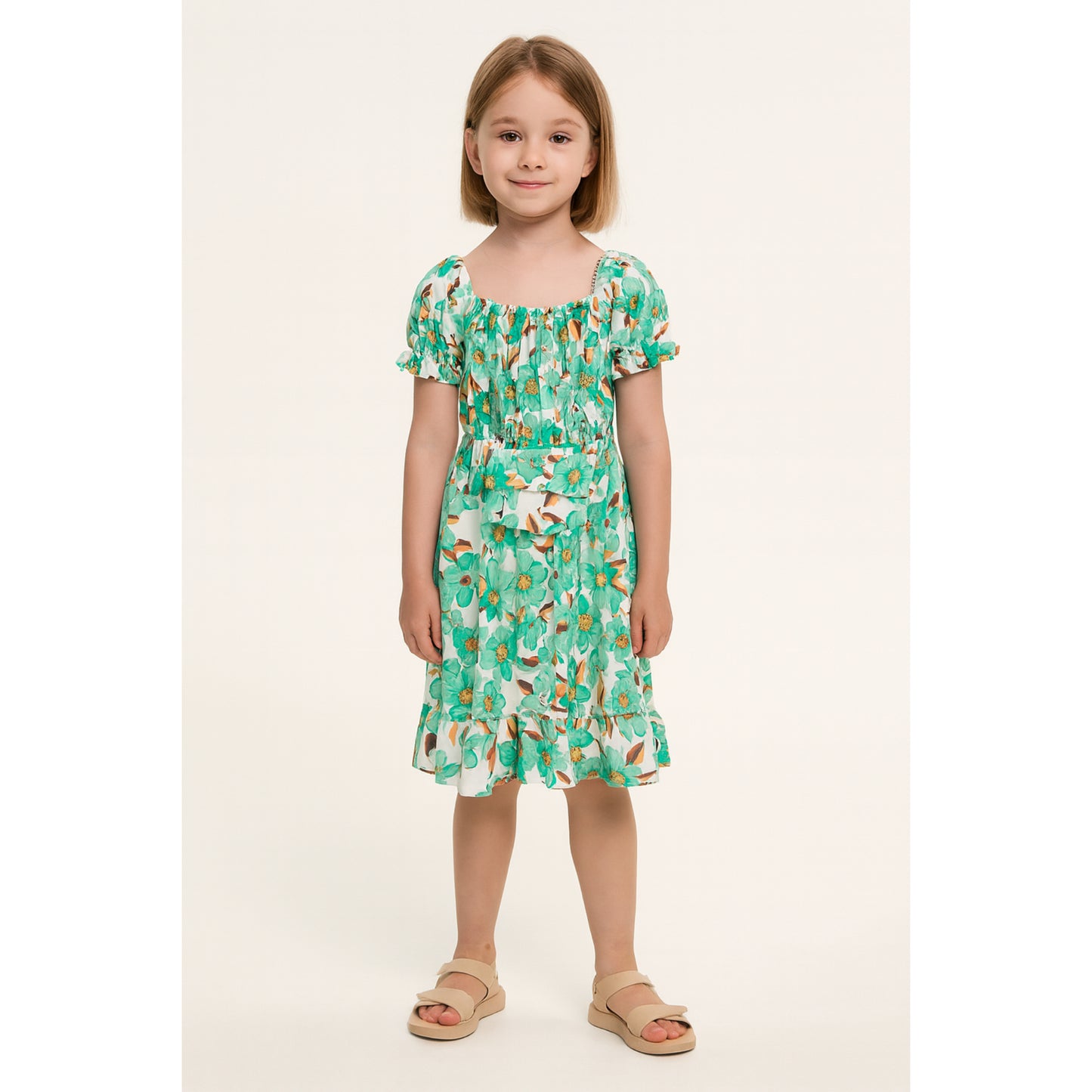Meisjes zomerjurk met groene bloemenprint – katoenen jurk met tasje
