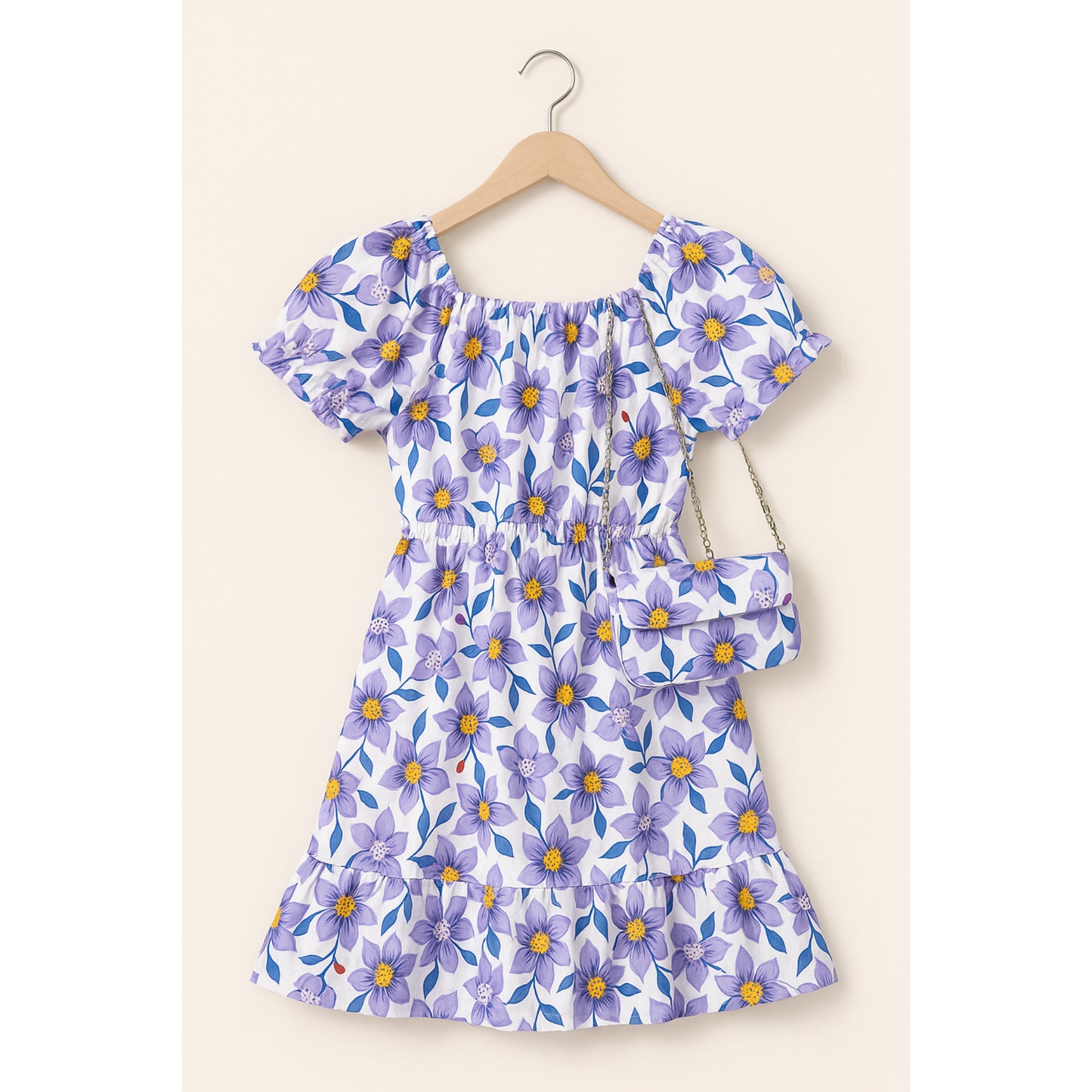 Meisjes zomerjurk met bloemenprint – lila jurk met bijpassend tasje