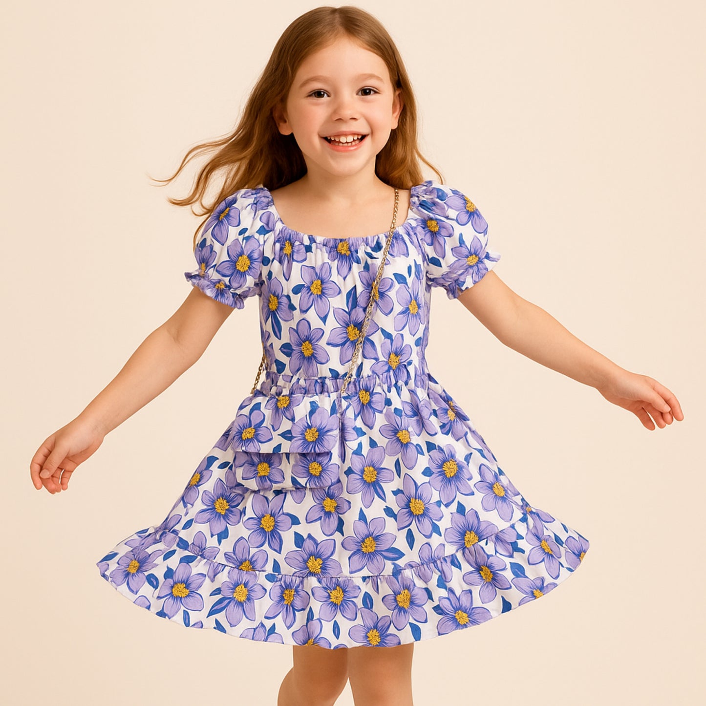 Meisjes zomerjurk met bloemenprint – lila jurk met bijpassend tasje