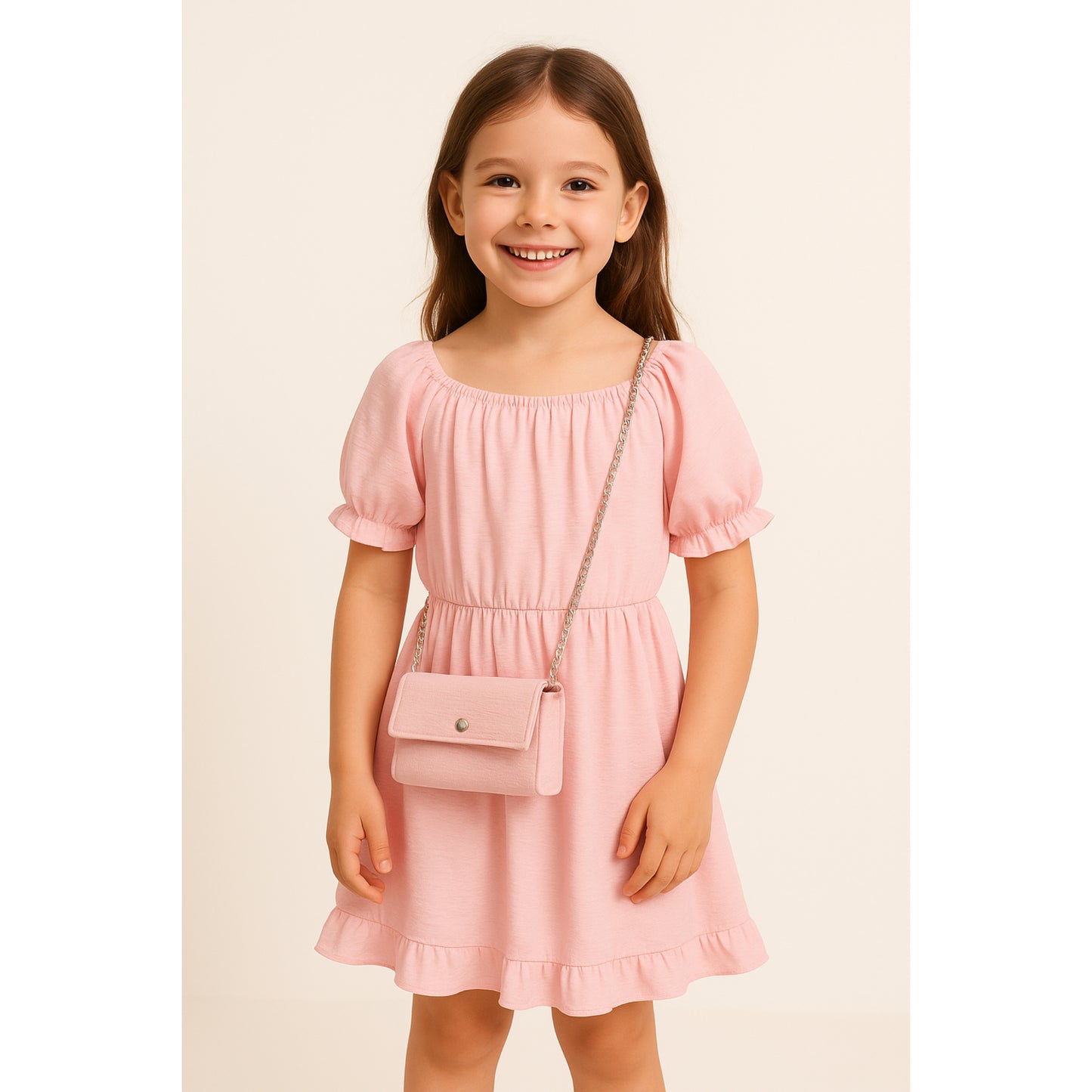 Meisjes zomerjurk roze met tasje – korte mouw en ruffle zoom