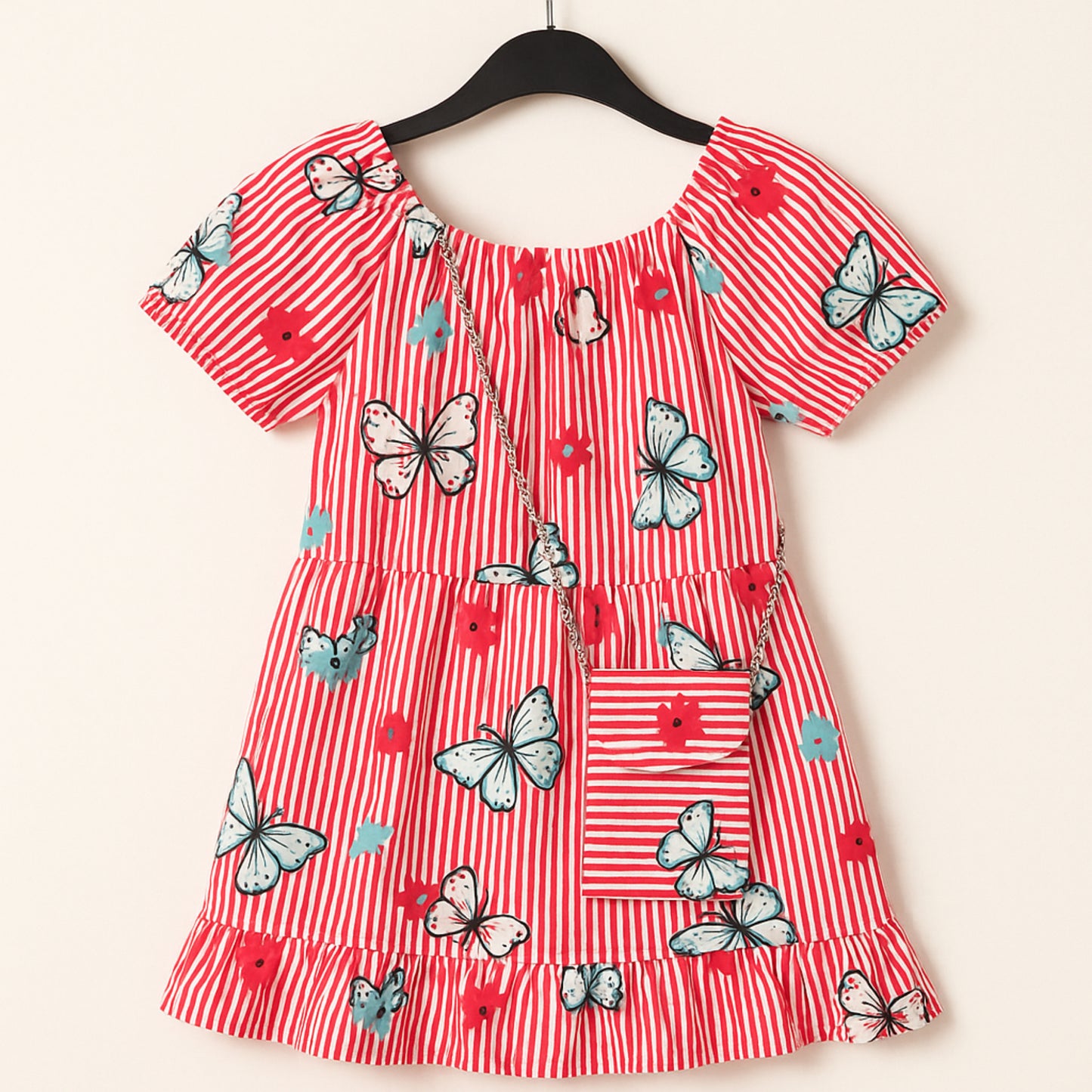 Meisjes zomerjurk met vlinderprint – rood-wit gestreept met tasje