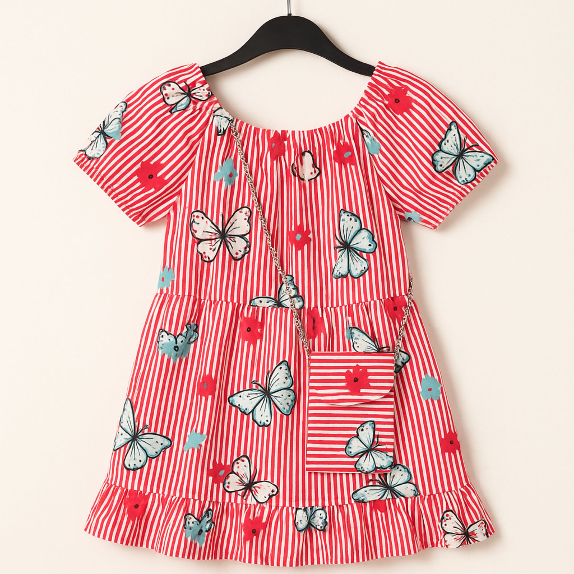 Meisjes zomerjurk met vlinderprint – rood-wit gestreept met tasje