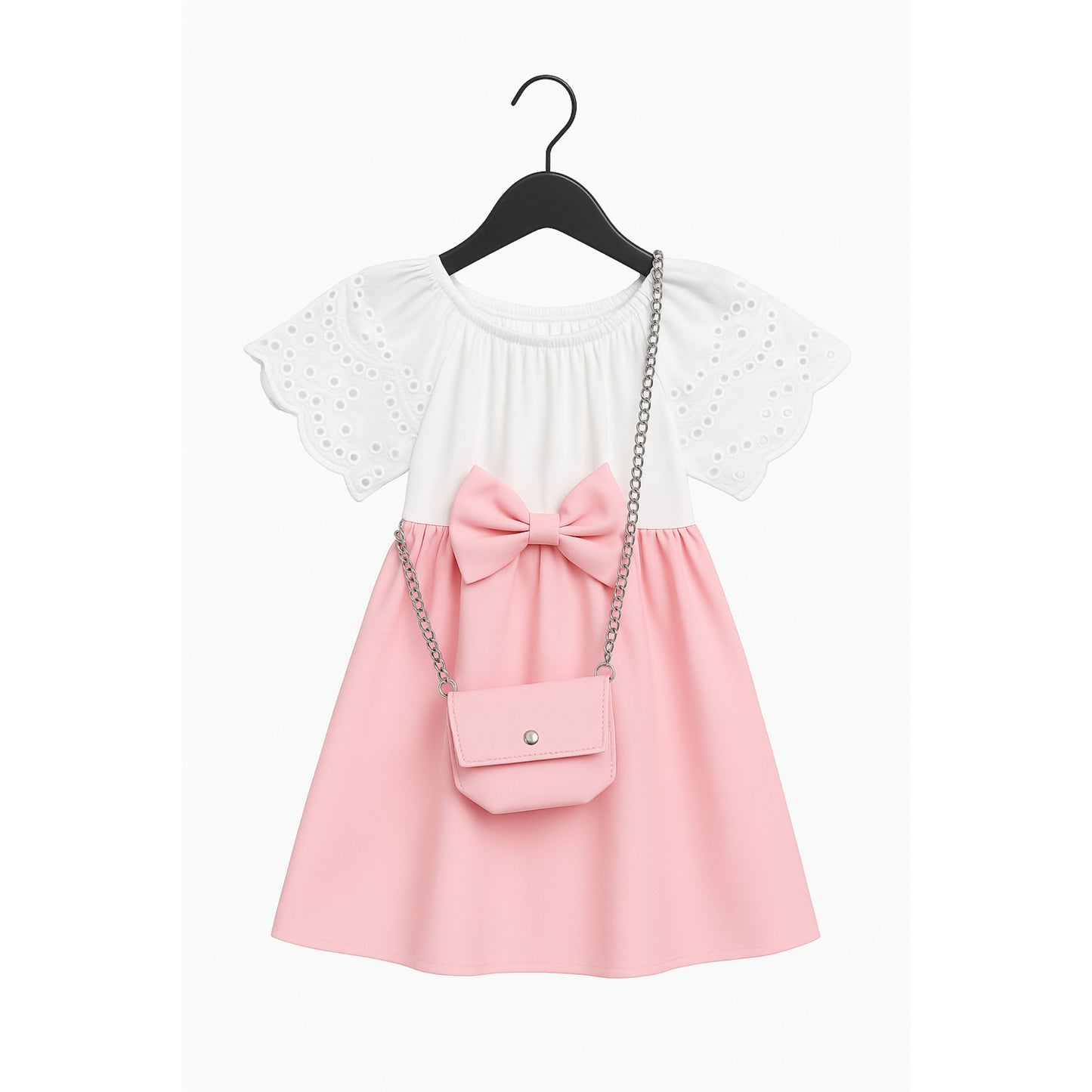 Meisjes jurk met strik – wit top met kanten mouwen en roze rok