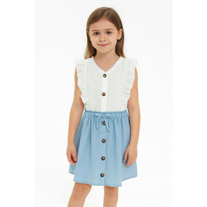 Meisjes jurk met knopen – wit top en roze rok met strikdetail
