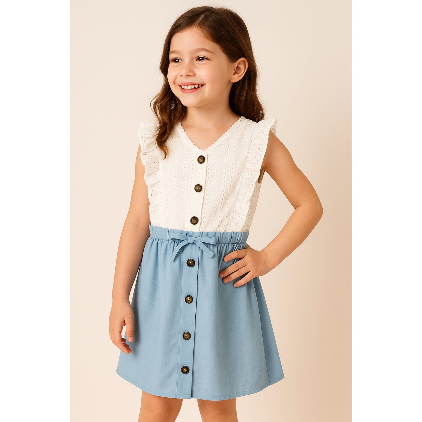 Meisjes jurk met knopen – wit top en roze rok met strikdetail