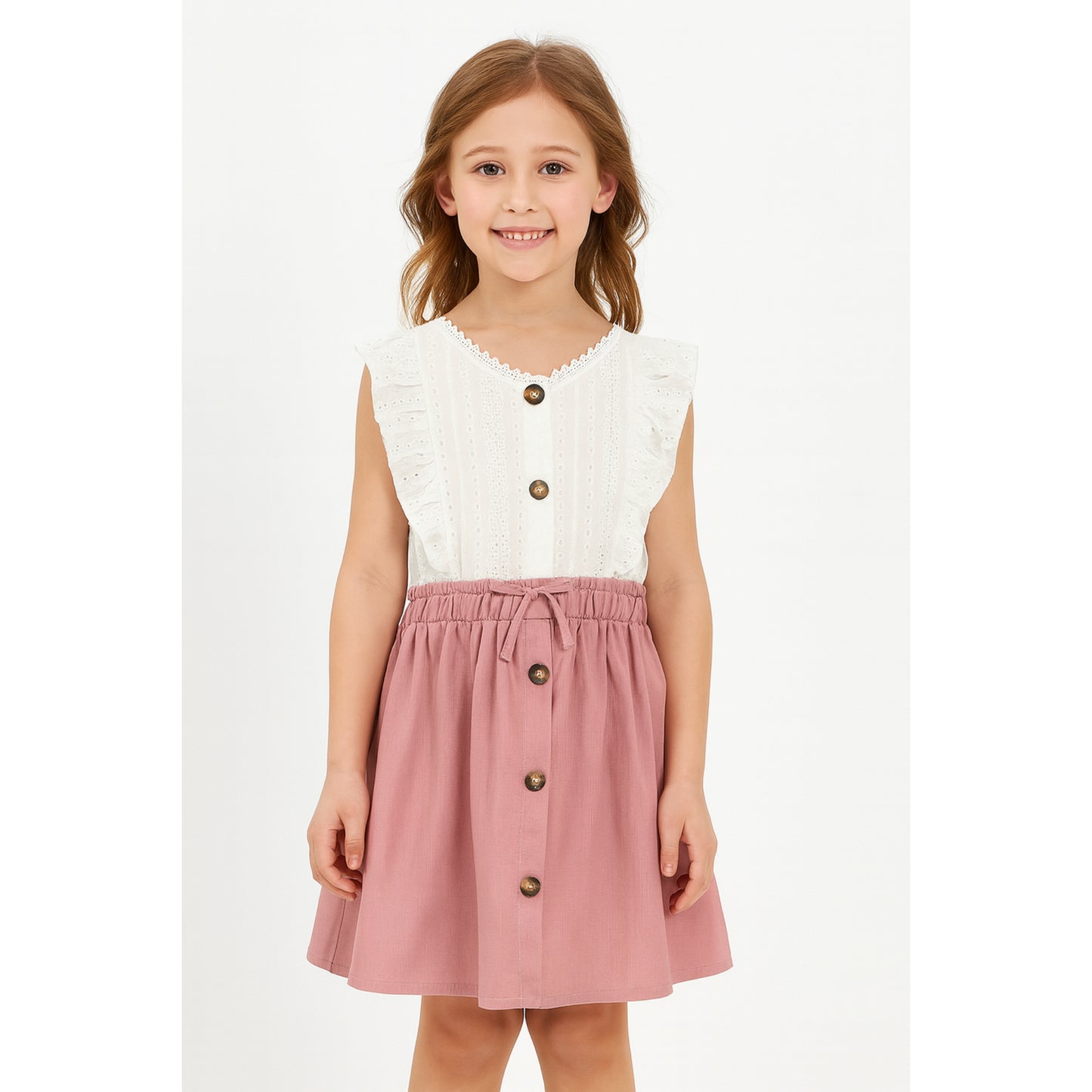 Meisjes jurk met witte top en roze knooprok – mouwloos met volantdetails