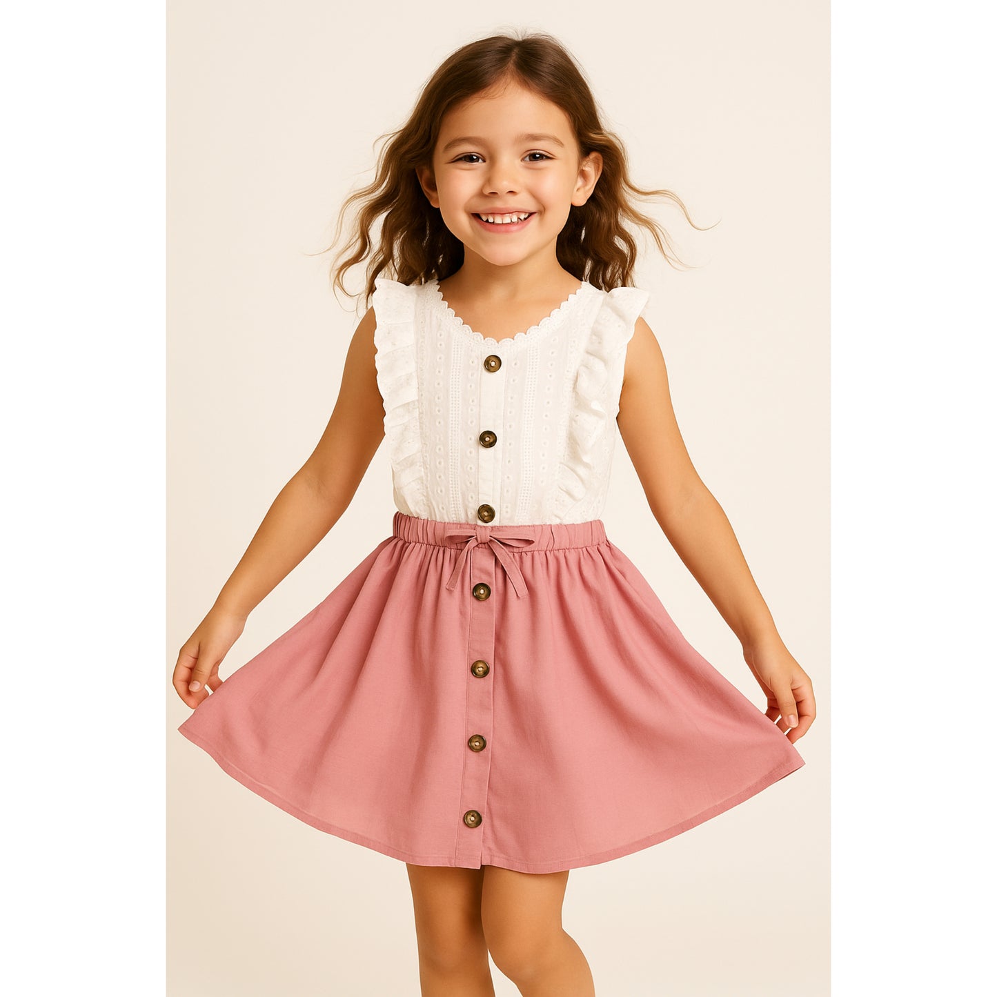 Meisjes jurk met witte top en roze knooprok – mouwloos met volantdetails