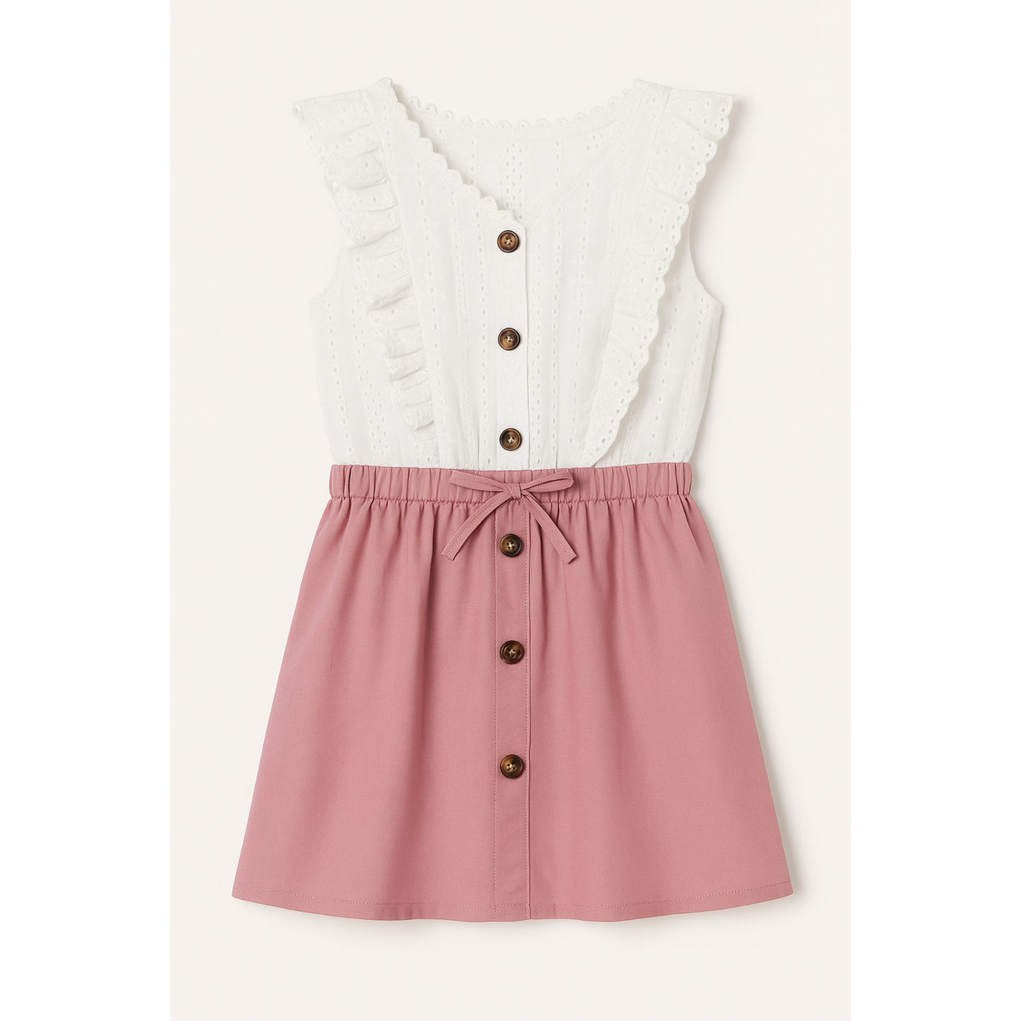Meisjes jurk met witte top en roze knooprok – mouwloos met volantdetails