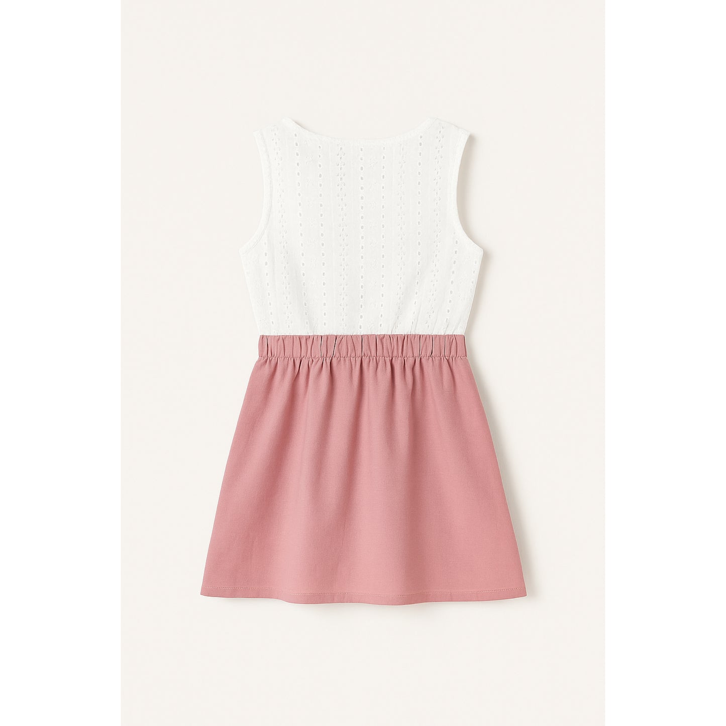 Meisjes jurk met witte top en roze knooprok – mouwloos met volantdetails