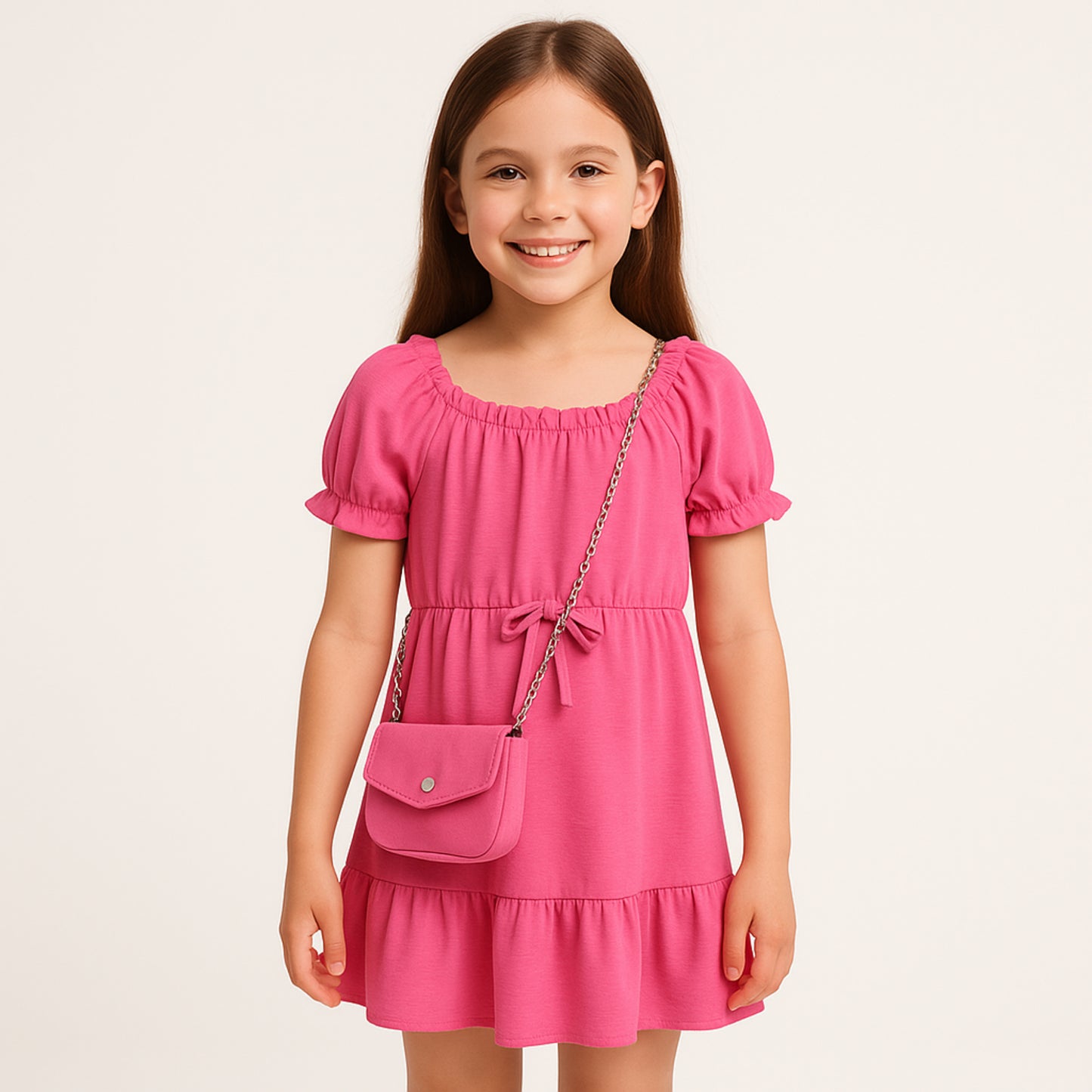 Meisjesjurk roze met schoudertasje – korte mouw en elastische taille
