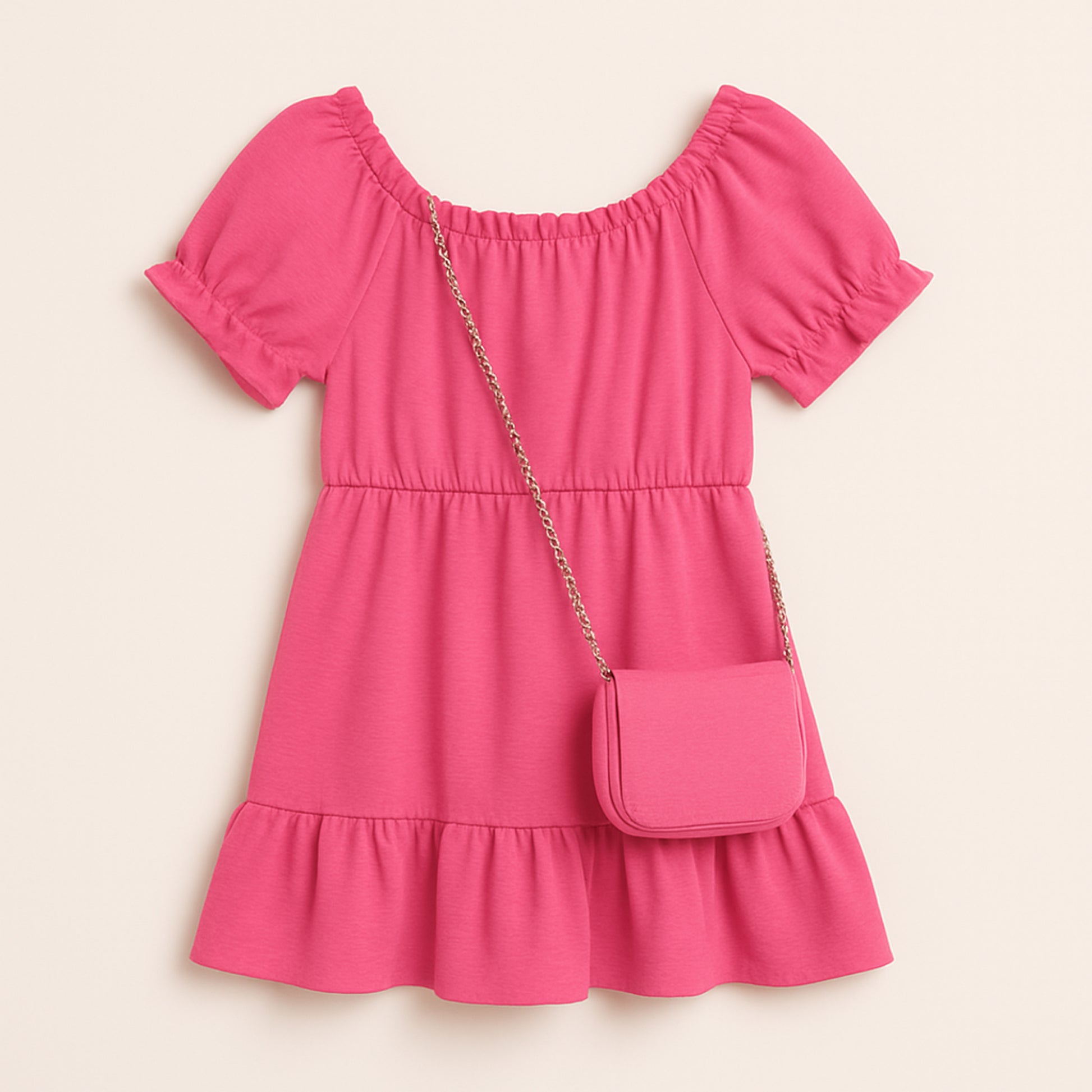 Meisjesjurk roze met schoudertasje – korte mouw en elastische taille
