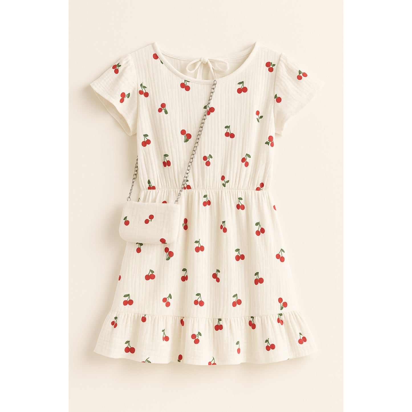 Meisjes jurk met kersenprint – witte zomerjurk met ruches