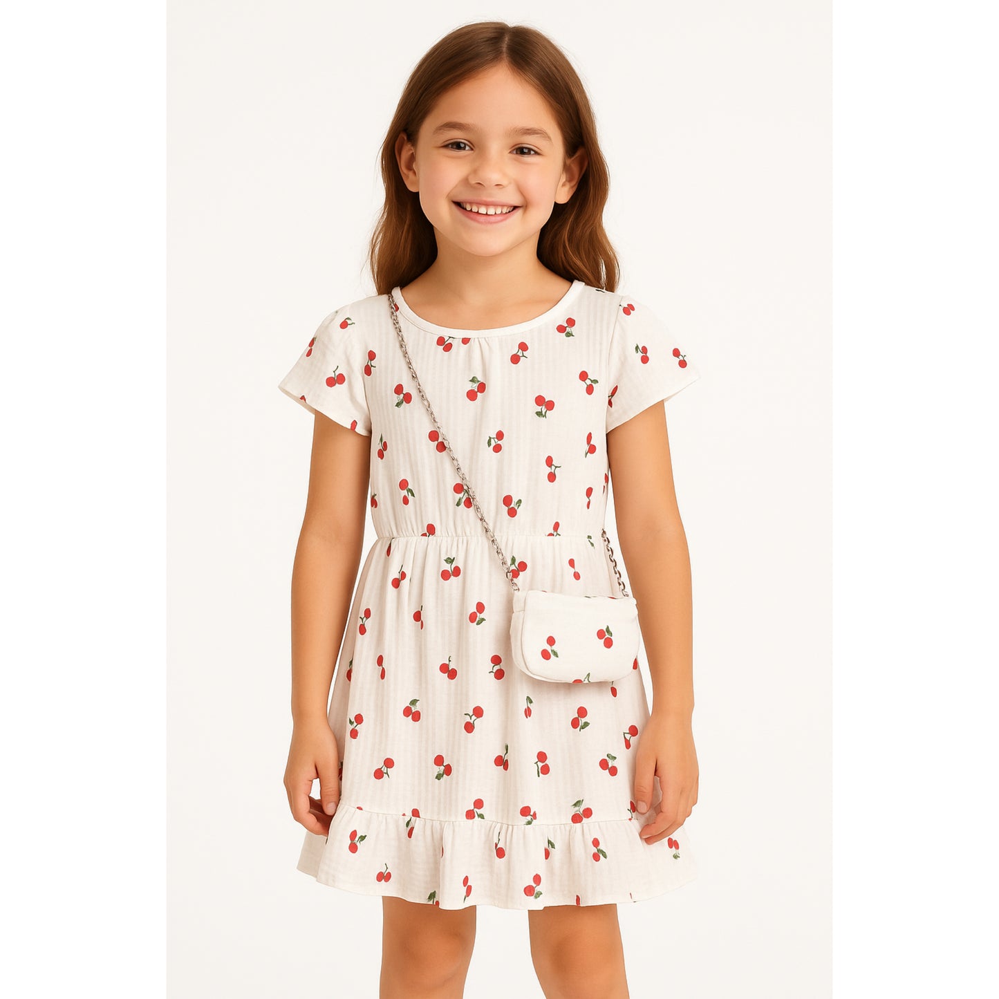 Meisjes jurk met kersenprint – witte zomerjurk met ruches
