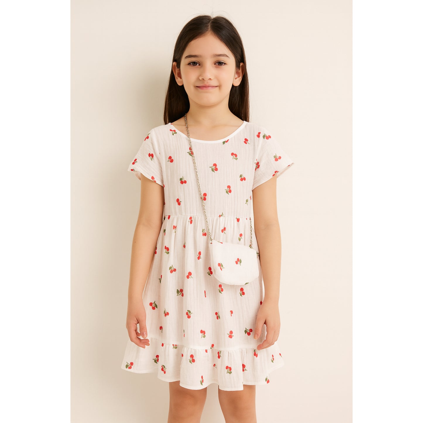 Meisjes jurk met kersenprint – witte zomerjurk met ruches