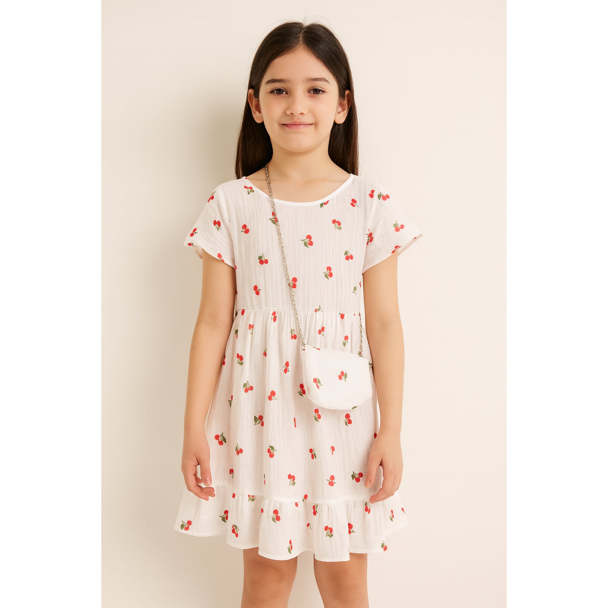 Meisjes jurk met kersenprint – witte zomerjurk met ruches