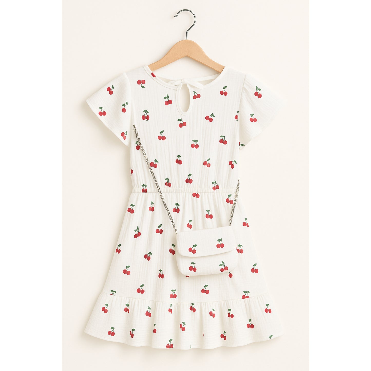 Meisjes jurk met kersenprint – witte zomerjurk met ruches