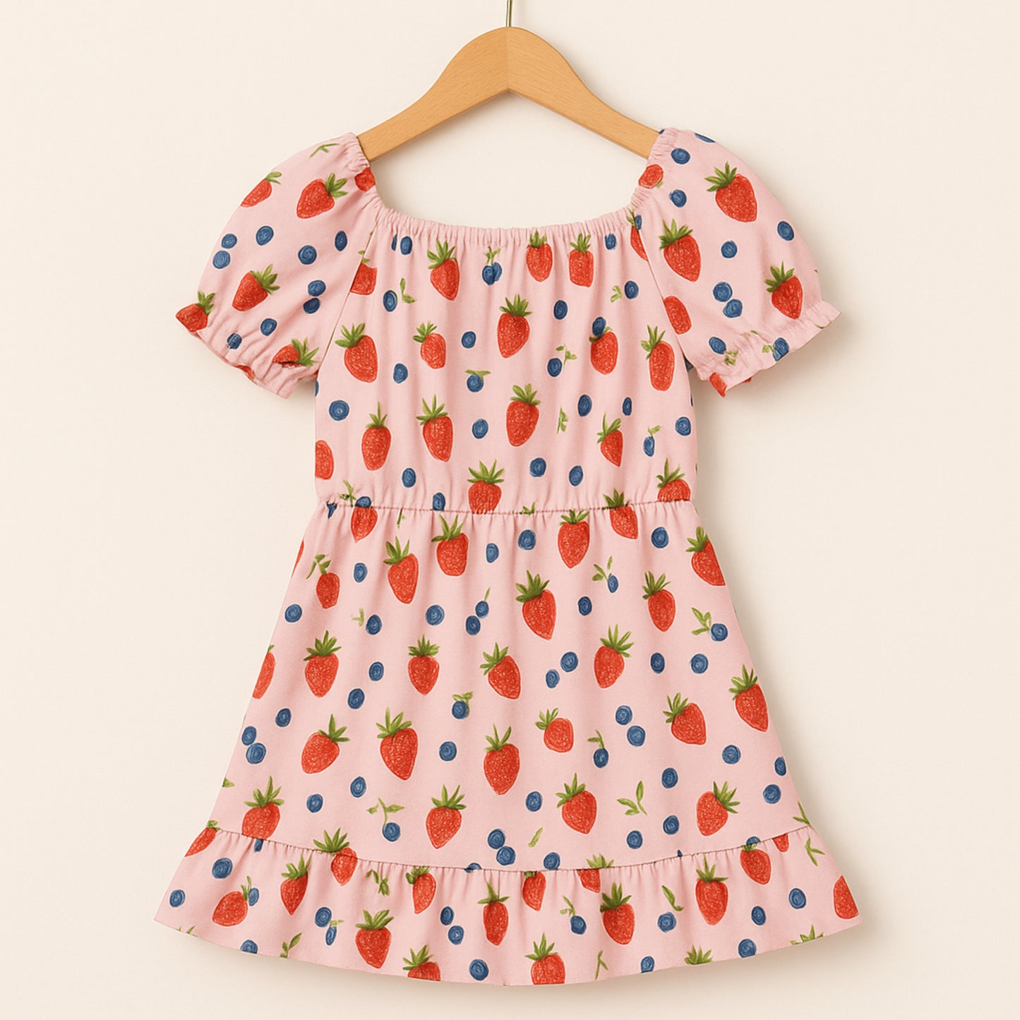 Meisjes jurk roze met aardbei en bosbes print – inclusief tasje