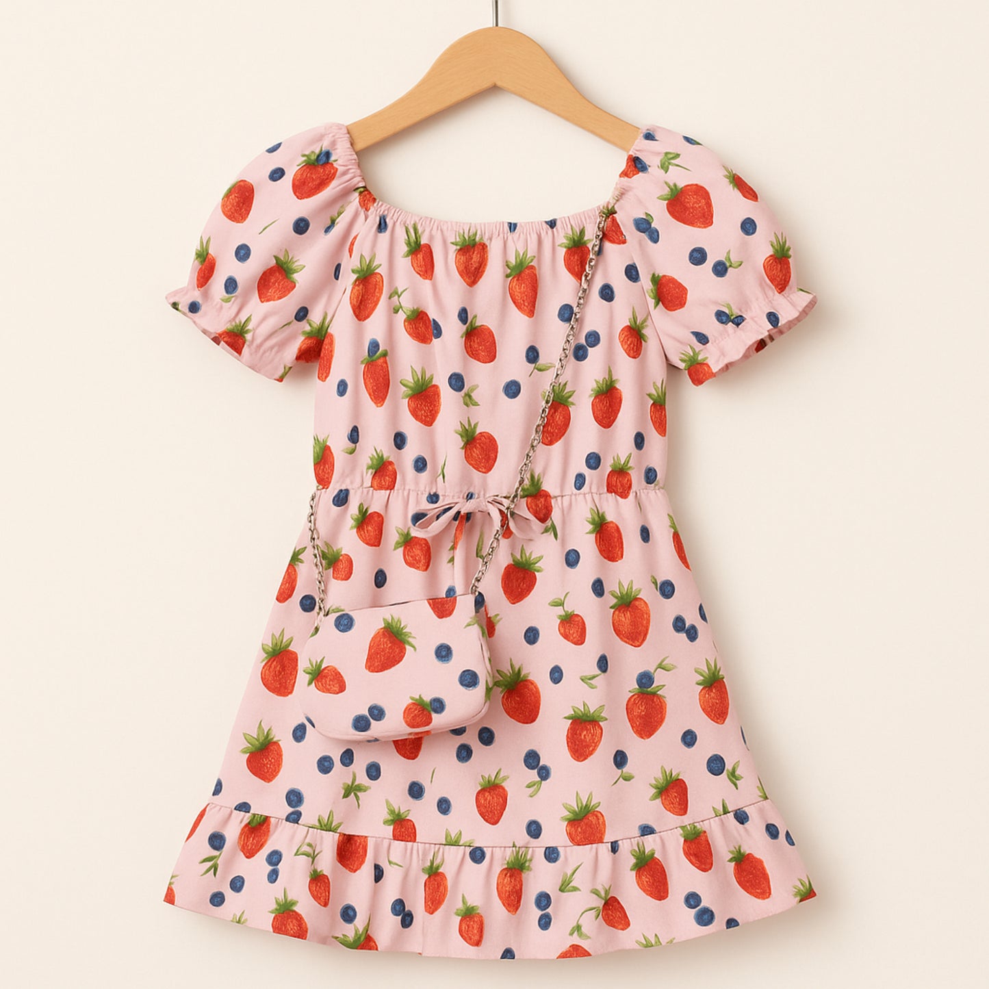 Meisjes jurk roze met aardbei en bosbes print – inclusief tasje