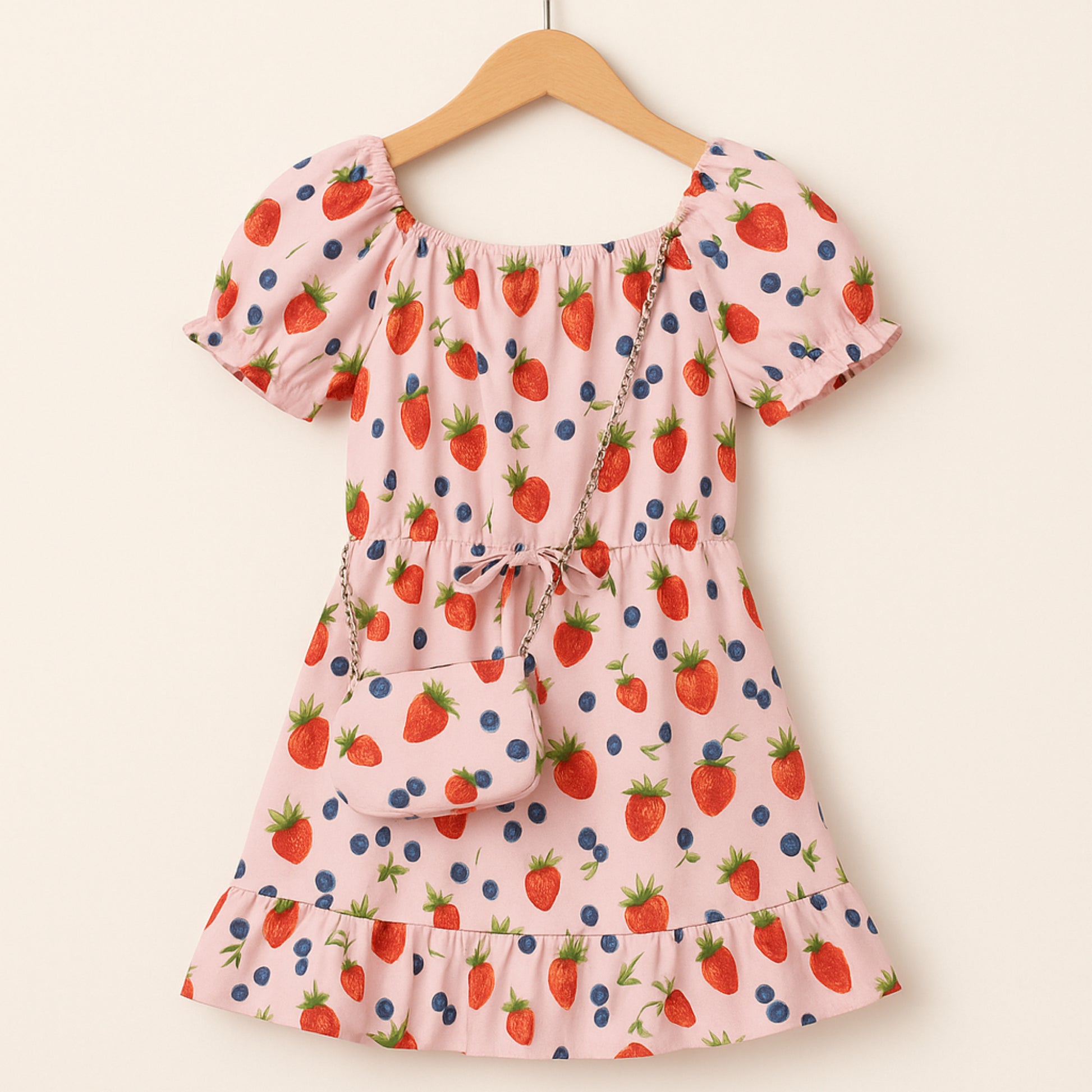 Meisjes jurk roze met aardbei en bosbes print – inclusief tasje