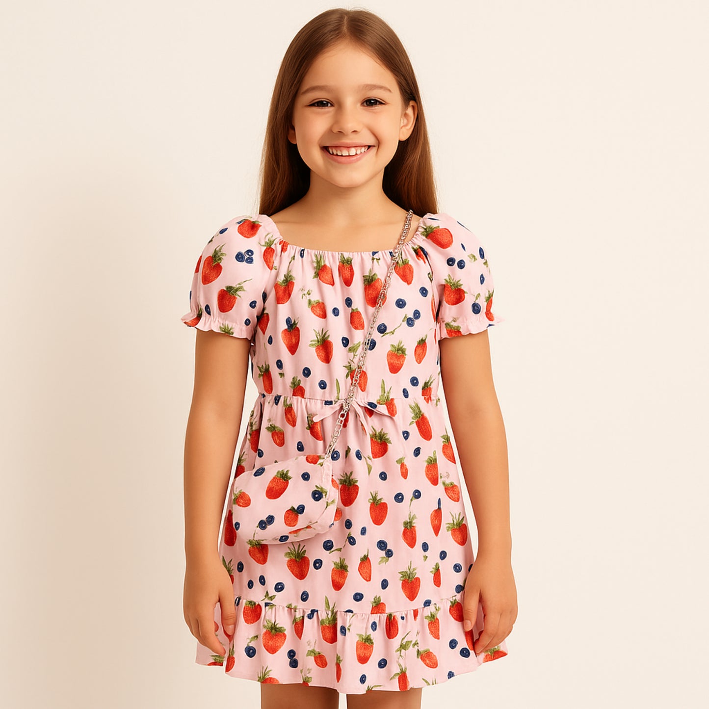 Meisjes jurk roze met aardbei en bosbes print – inclusief tasje