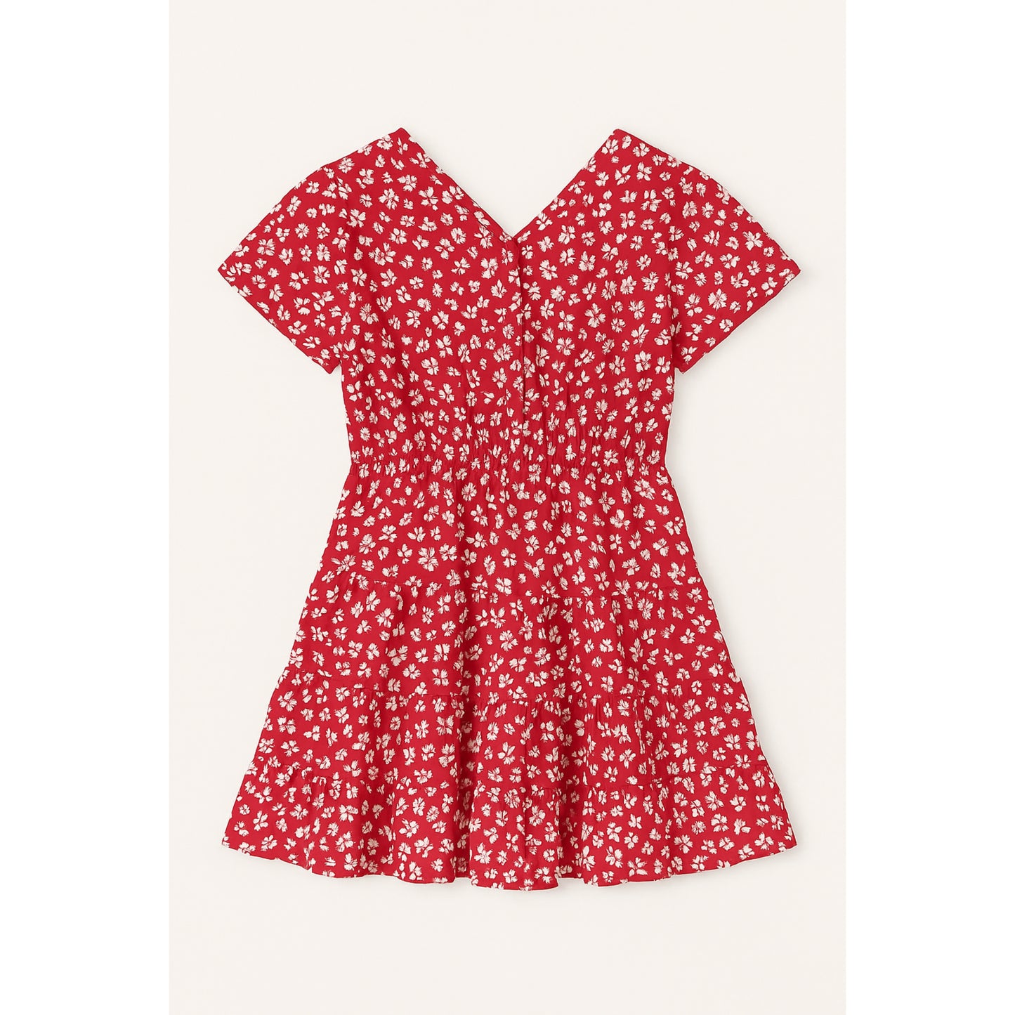 Meisjes jurk rood met witte bloemetjes – V-hals en elastische taille