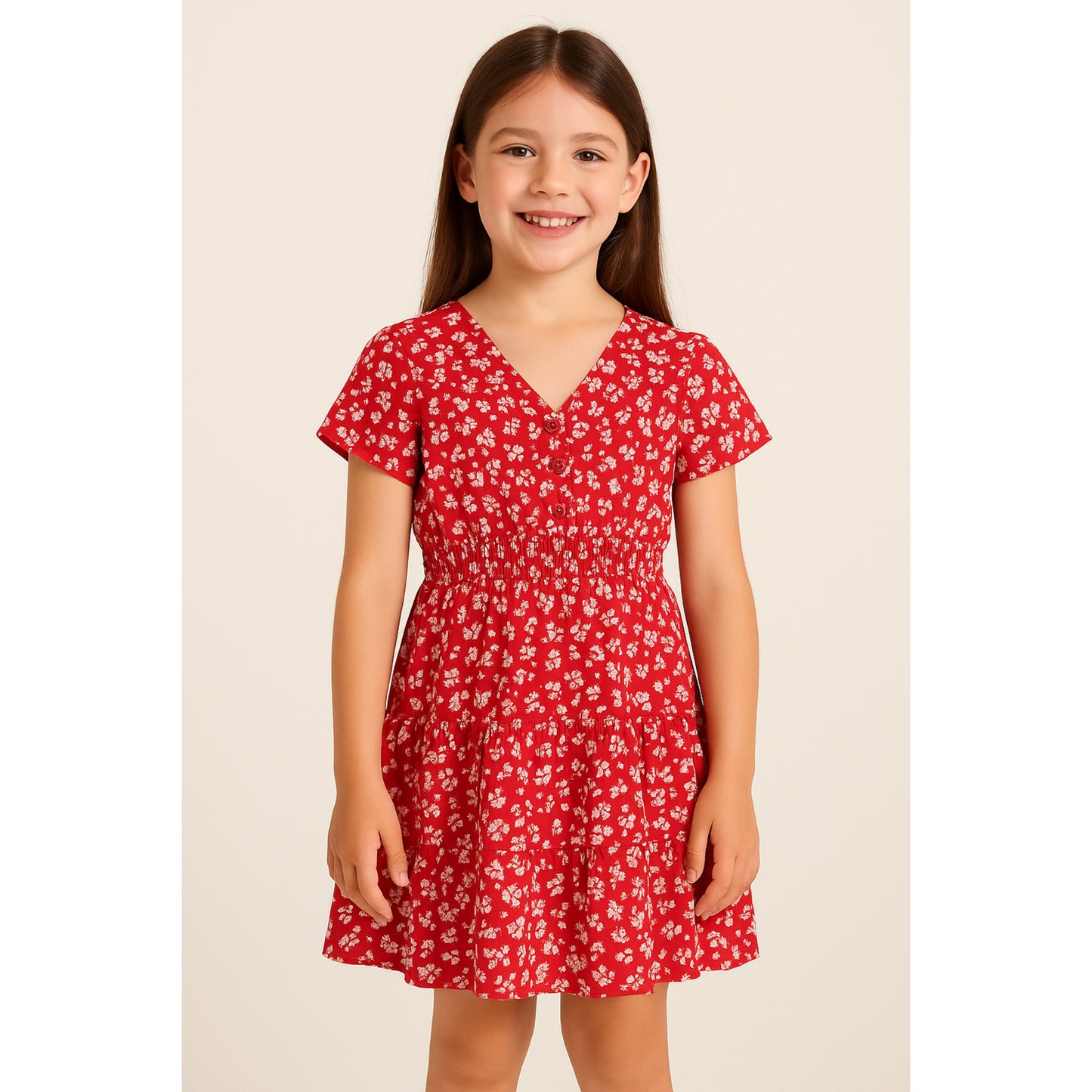 Meisjes jurk rood met witte bloemetjes – V-hals en elastische taille