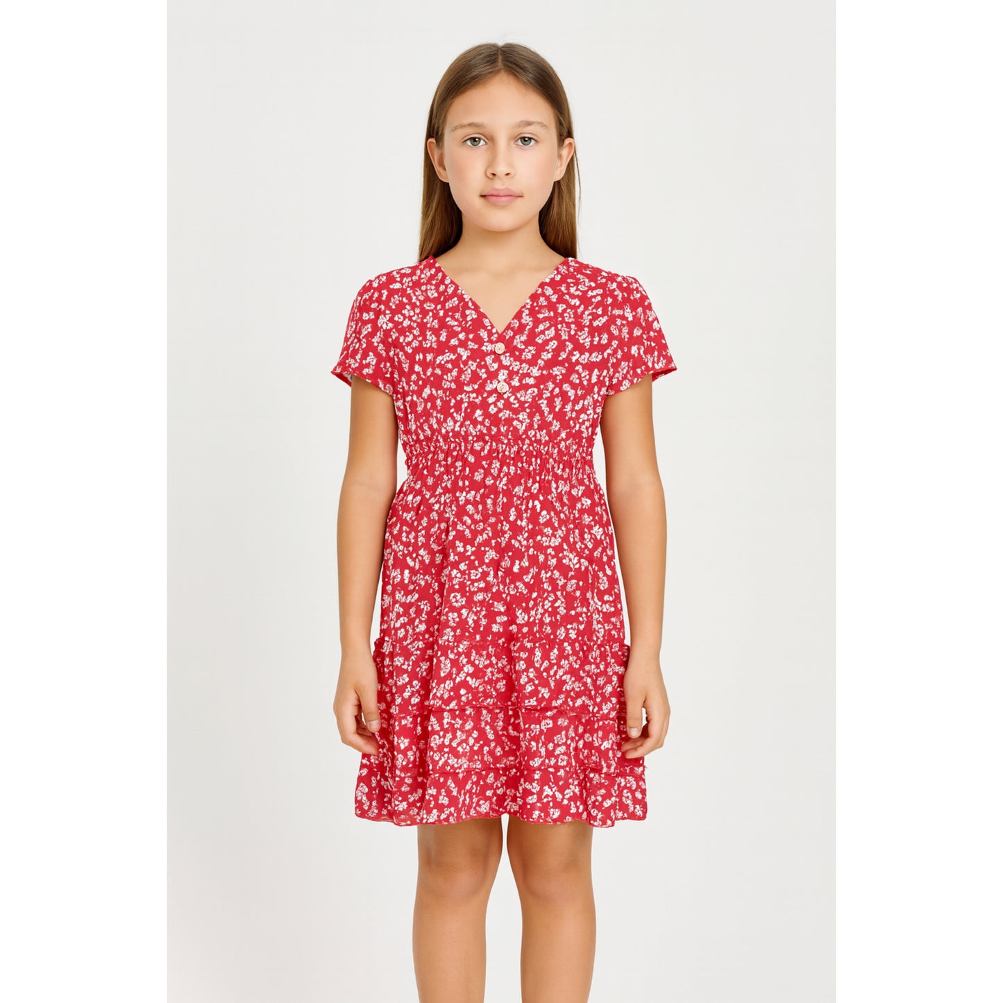 Meisjes jurk rood met witte bloemetjes – V-hals en elastische taille