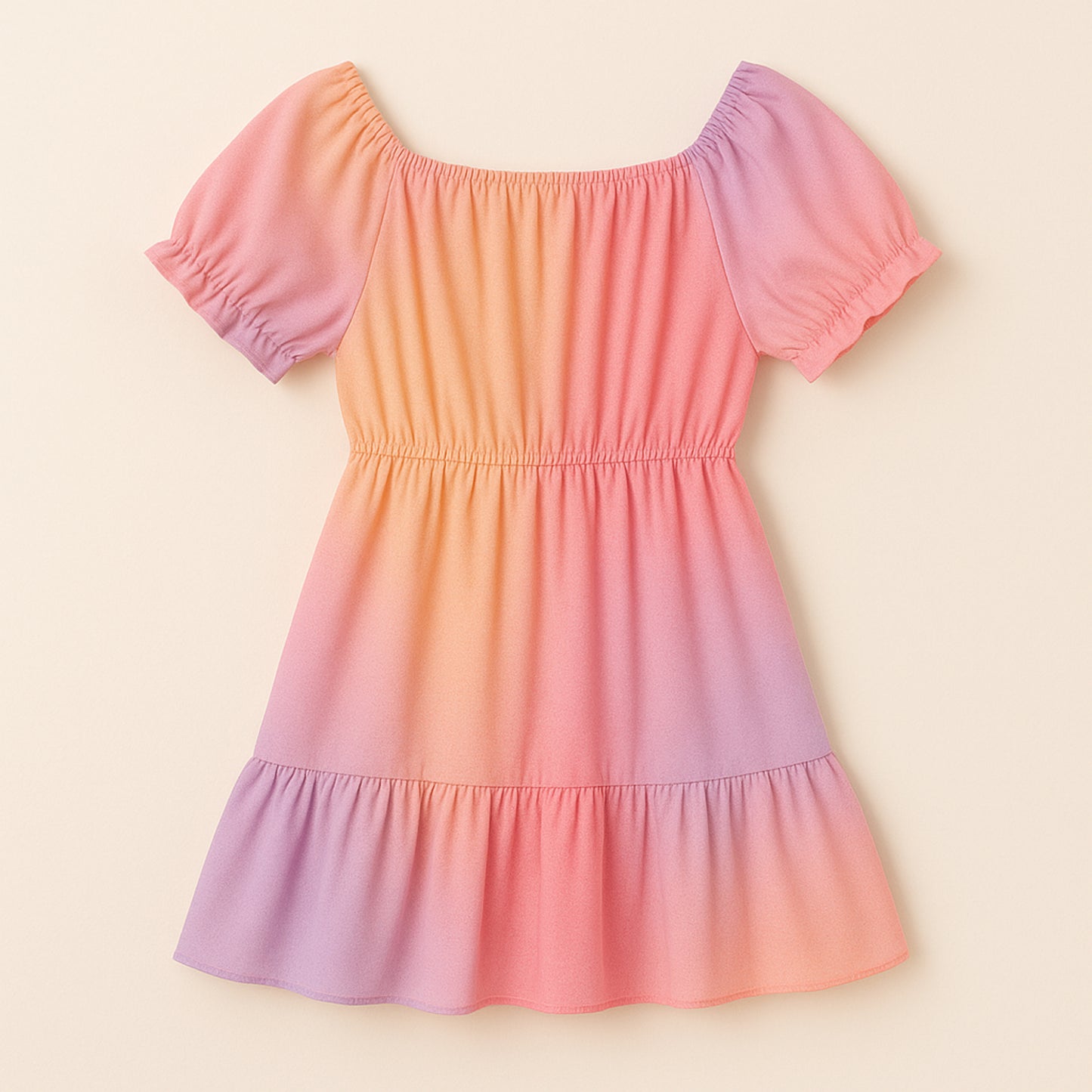 Meisjes jurk ombre – roze, oranje en paars met bijpassend tasje