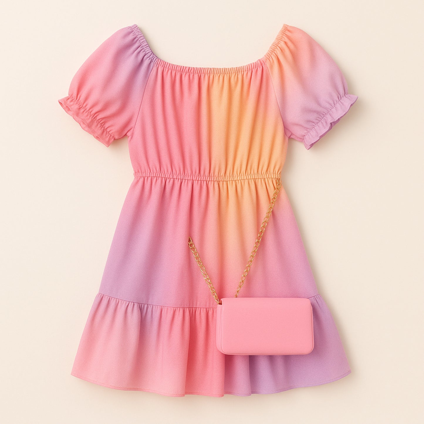 Meisjes jurk ombre – roze, oranje en paars met bijpassend tasje