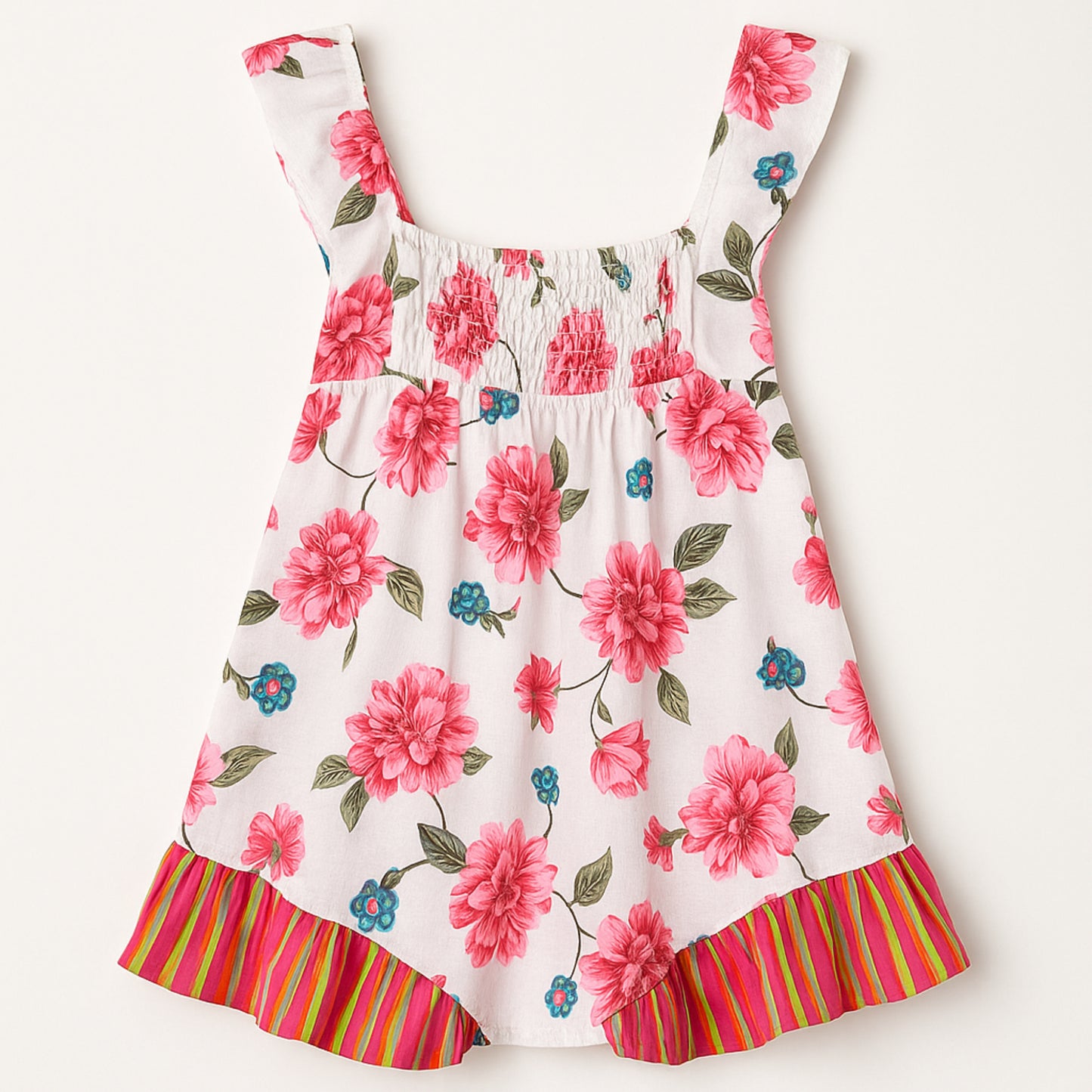 Meisjes zomerjurk met bloemenprint – wit met roze bloemen en gestreepte zoom