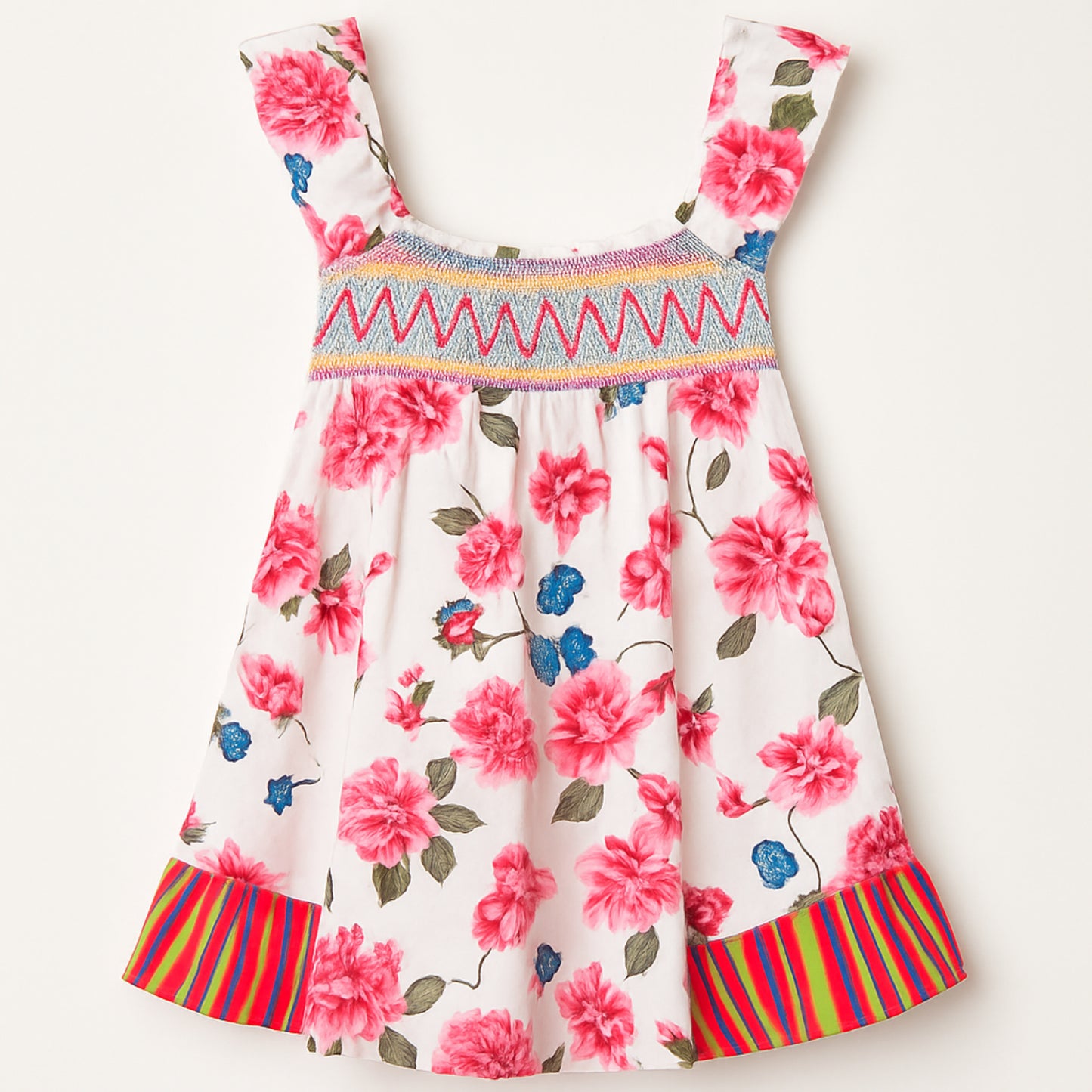Meisjes zomerjurk met bloemenprint – wit met roze bloemen en gestreepte zoom