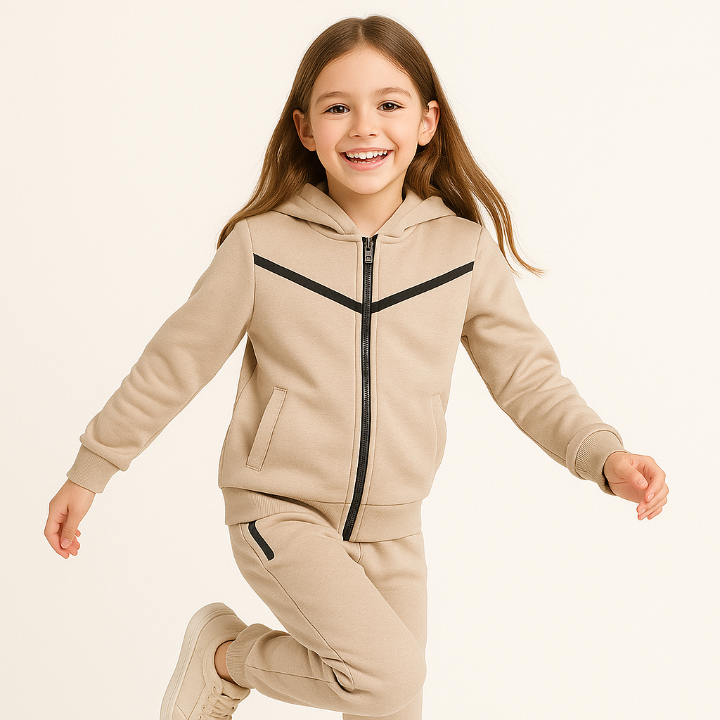 Meisjes joggingpak beige – hoodie met rits en sportieve broek