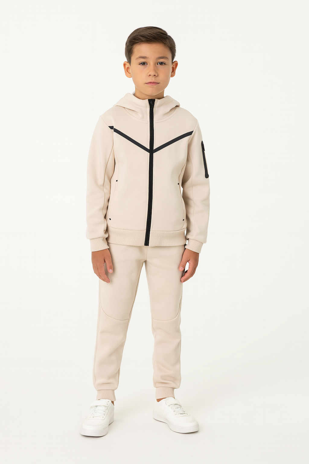 Meisjes joggingpak beige – hoodie met rits en sportieve broek
