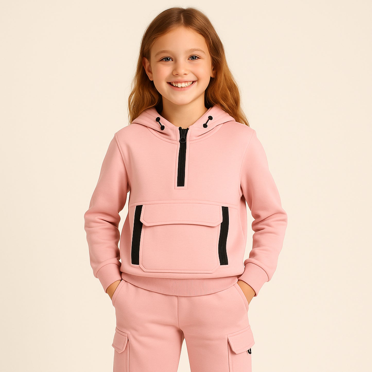 Meisjes joggingpak lila – hoodie met rits en cargobroek