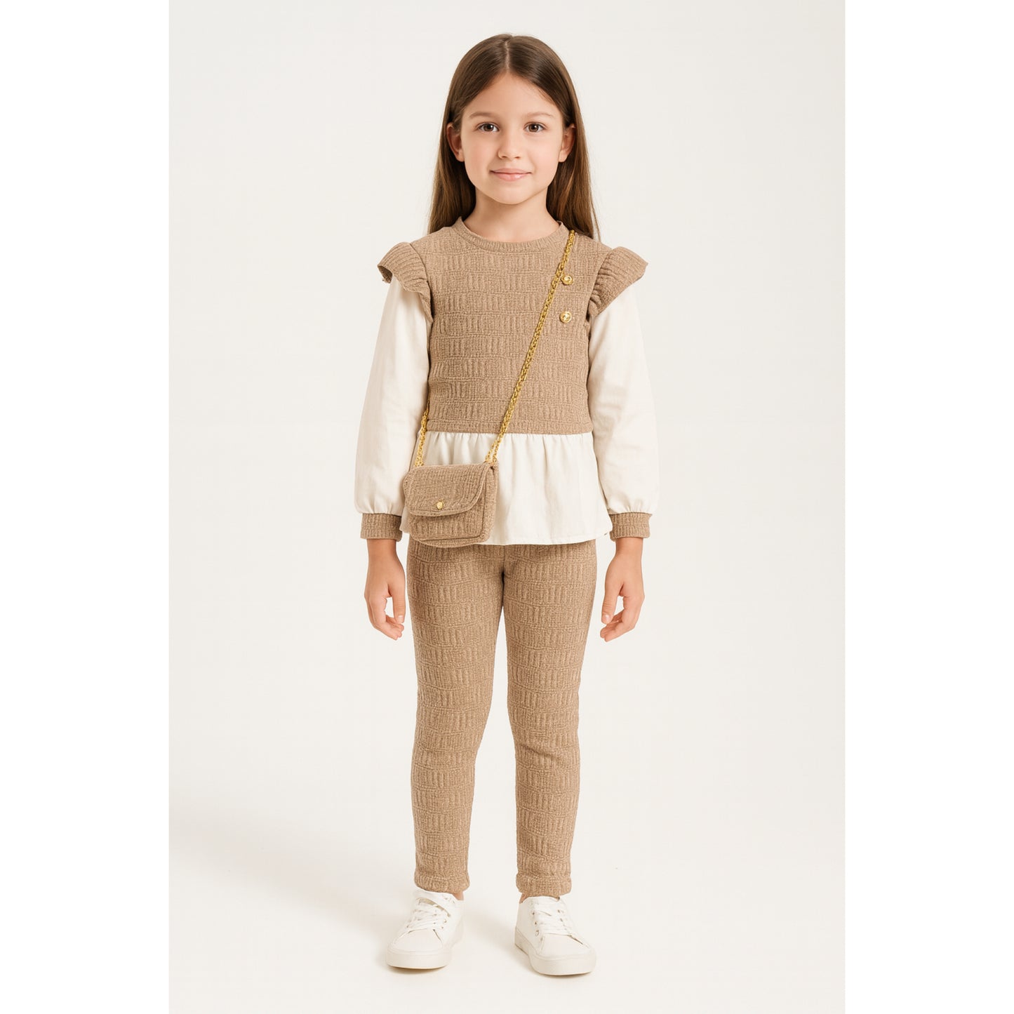 Mädchen Set Beige – Oberteil mit Rüschenärmeln & Tasche