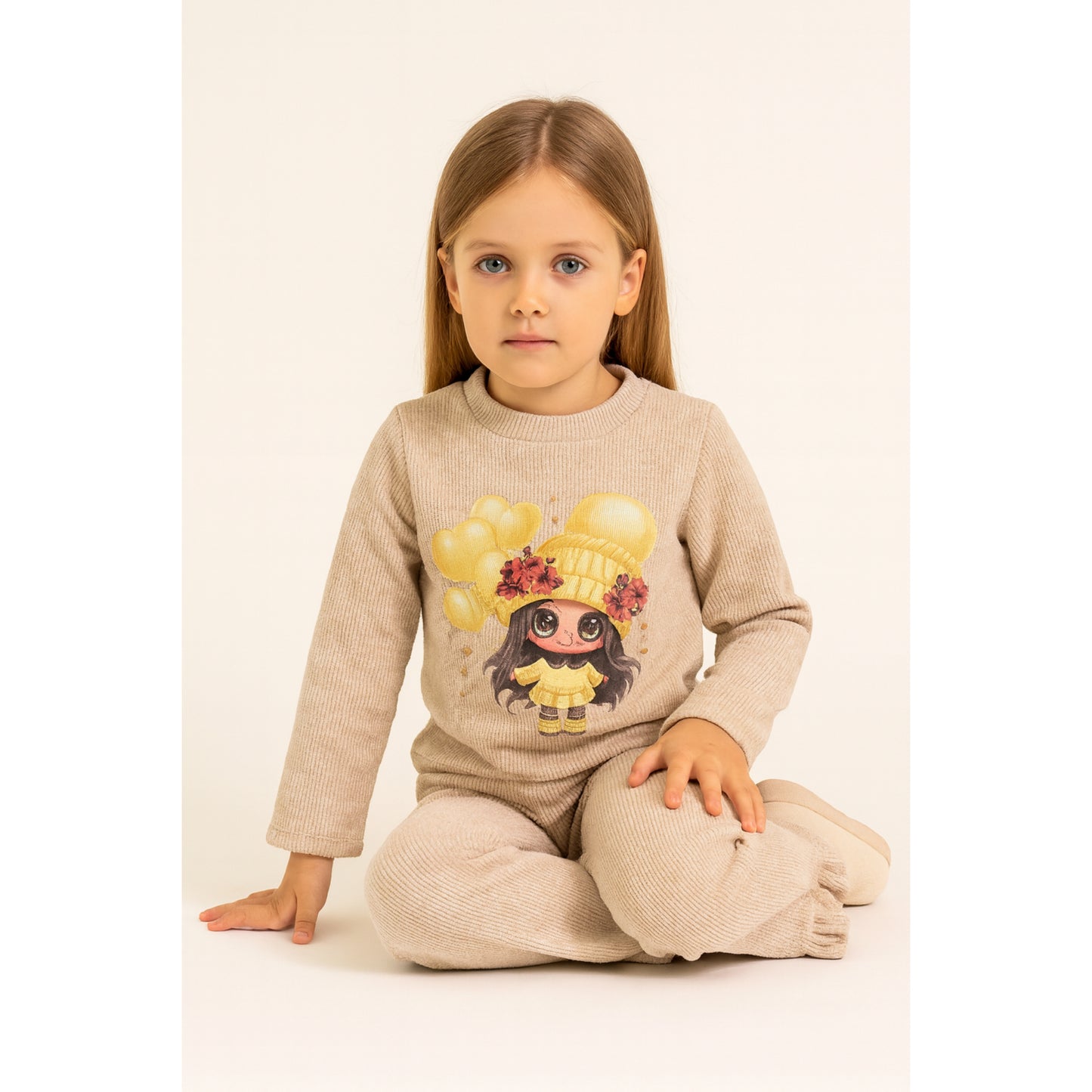 Meisjes set beige – 2-delig met schattige print en ruffle broekspijpen