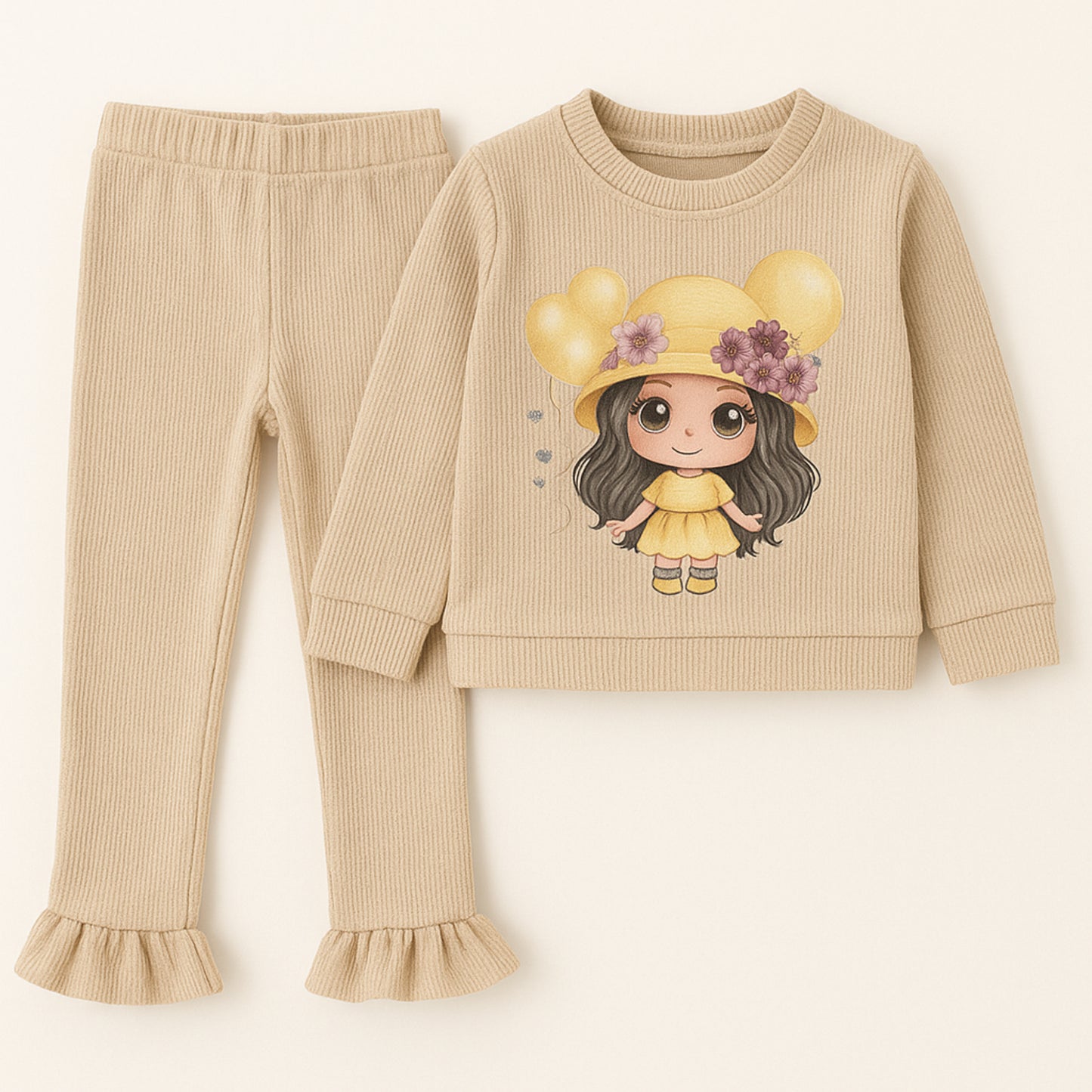 Meisjes set beige – 2-delig met schattige print en ruffle broekspijpen