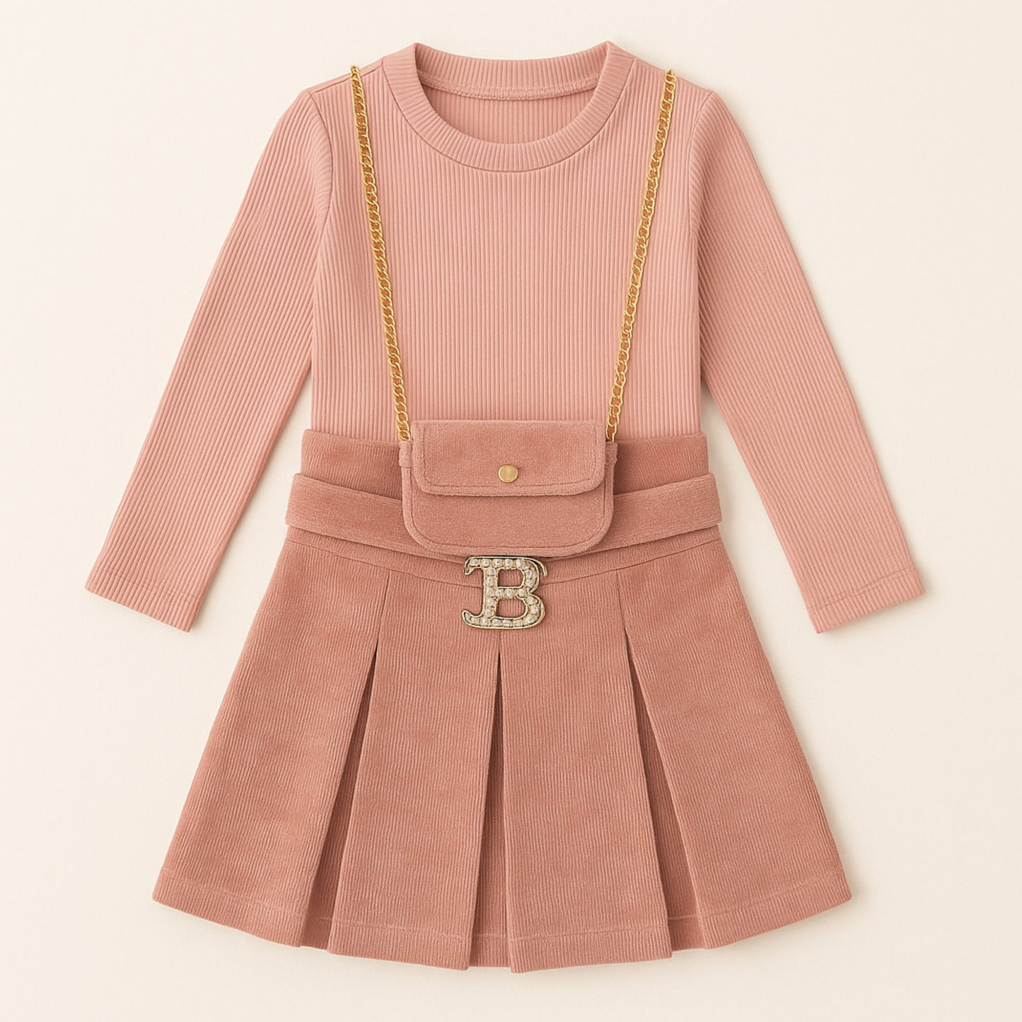 Meisjes set roze – plooirok met gouden details en bijpassend tasje