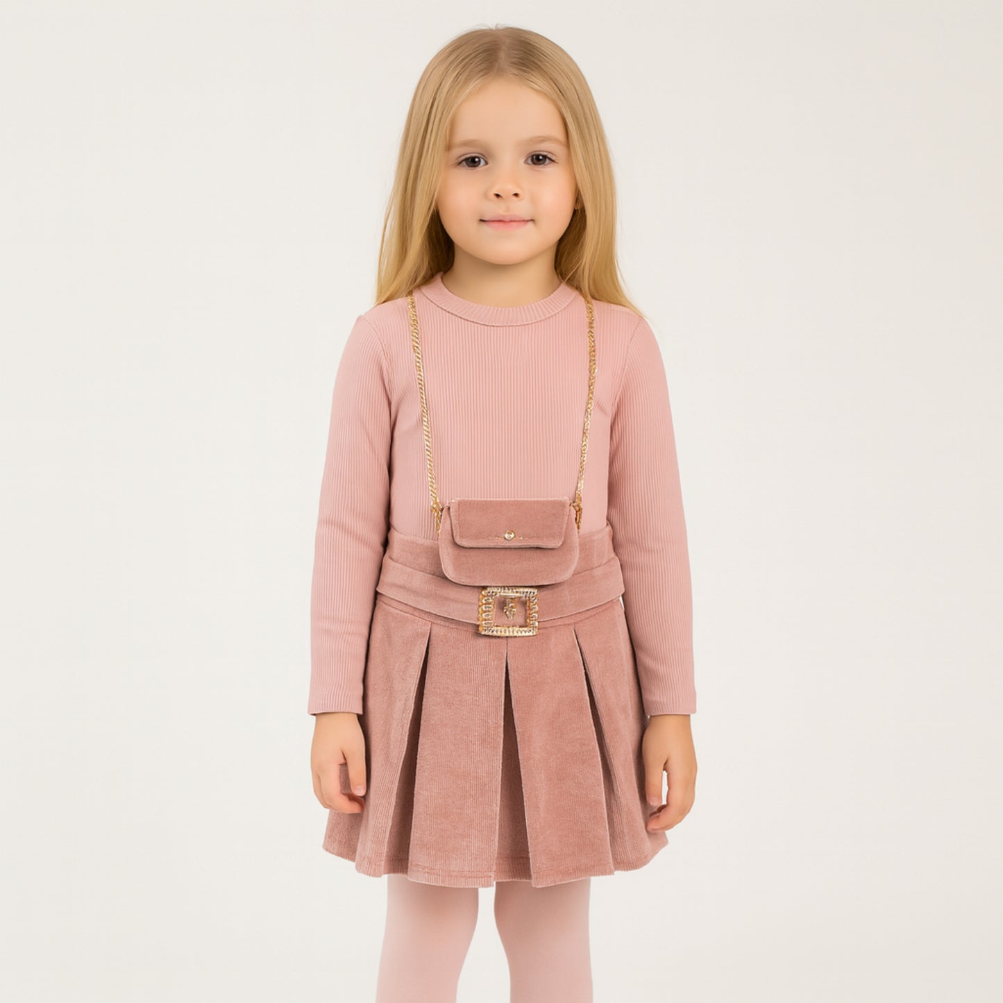 Meisjes set roze – plooirok met gouden details en bijpassend tasje